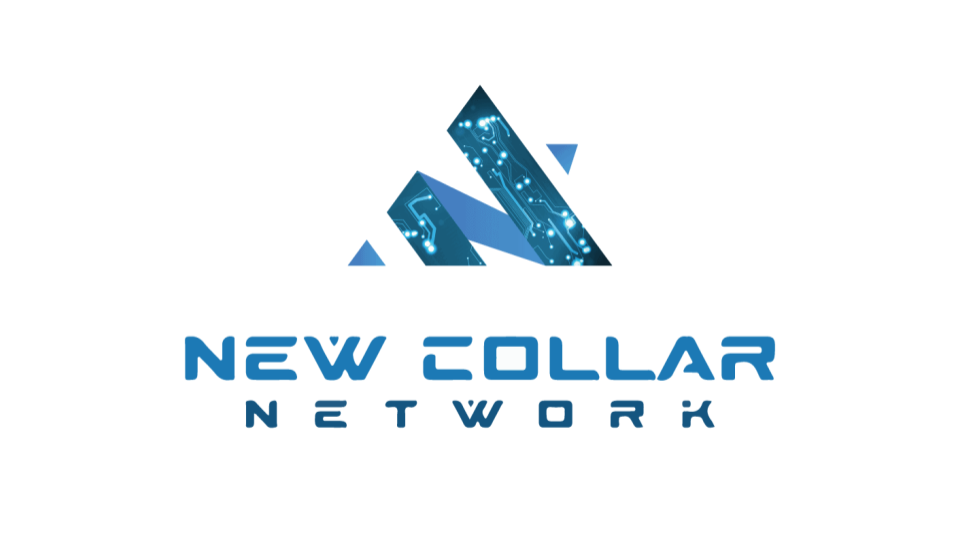 Logo for New Collar Network featuring stylized blue triangle design with circuit patterns and the text 'New Collar Network' beneath it.