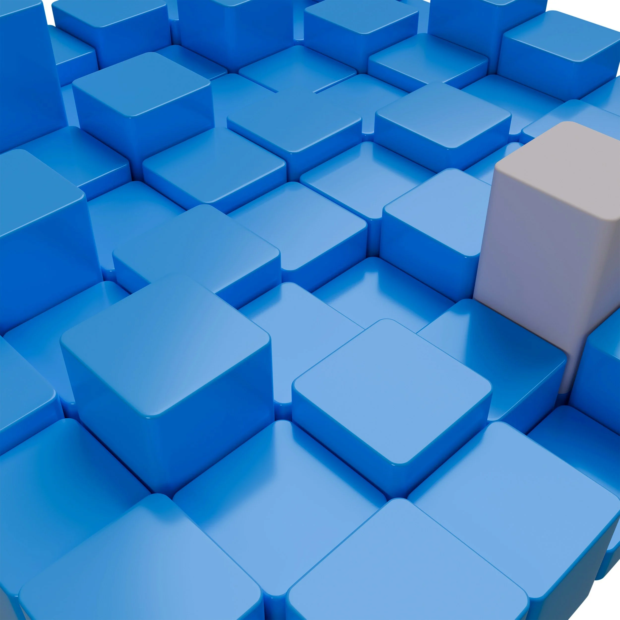 A 3D rendering of interconnected blue and white cubes, forming a geometric pattern.
