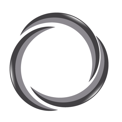 A stylized circular logo with multiple curved, dark gray shapes forming an incomplete ring on a black background.