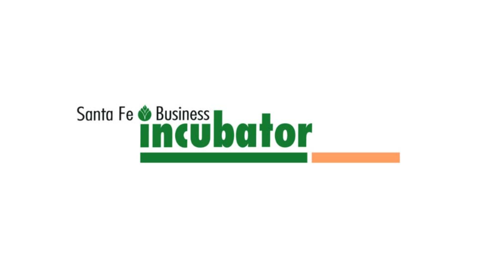 Logo for Santa Fe Business Incubator with the words 'Santa Fe Business Incubator' and a green leaf above 'Santa'.