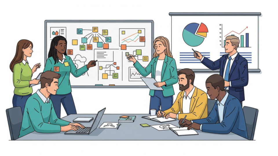 A diverse group of business professionals in a meeting room presenting and discussing data charts and graphs.