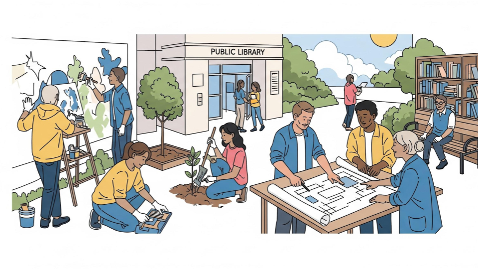 People engaging in various outdoor activities in a community setting, including painting a mural, planting a tree, working on architectural plans, and reading in a public library courtyard.