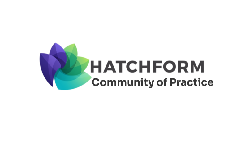 Hatchform logo with the text "Hatchform Community of Practice" and a colorful abstract flower design.