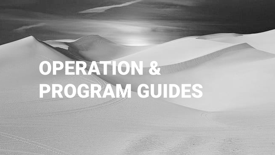 Black and white photo of snow-covered dunes with a cloudy sky, overlaid with the text 'Operation & Program Guides' in white.