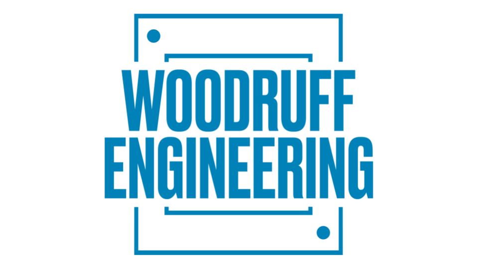 Logo for Woodruff Engineering in blue text with geometric lines and dots.