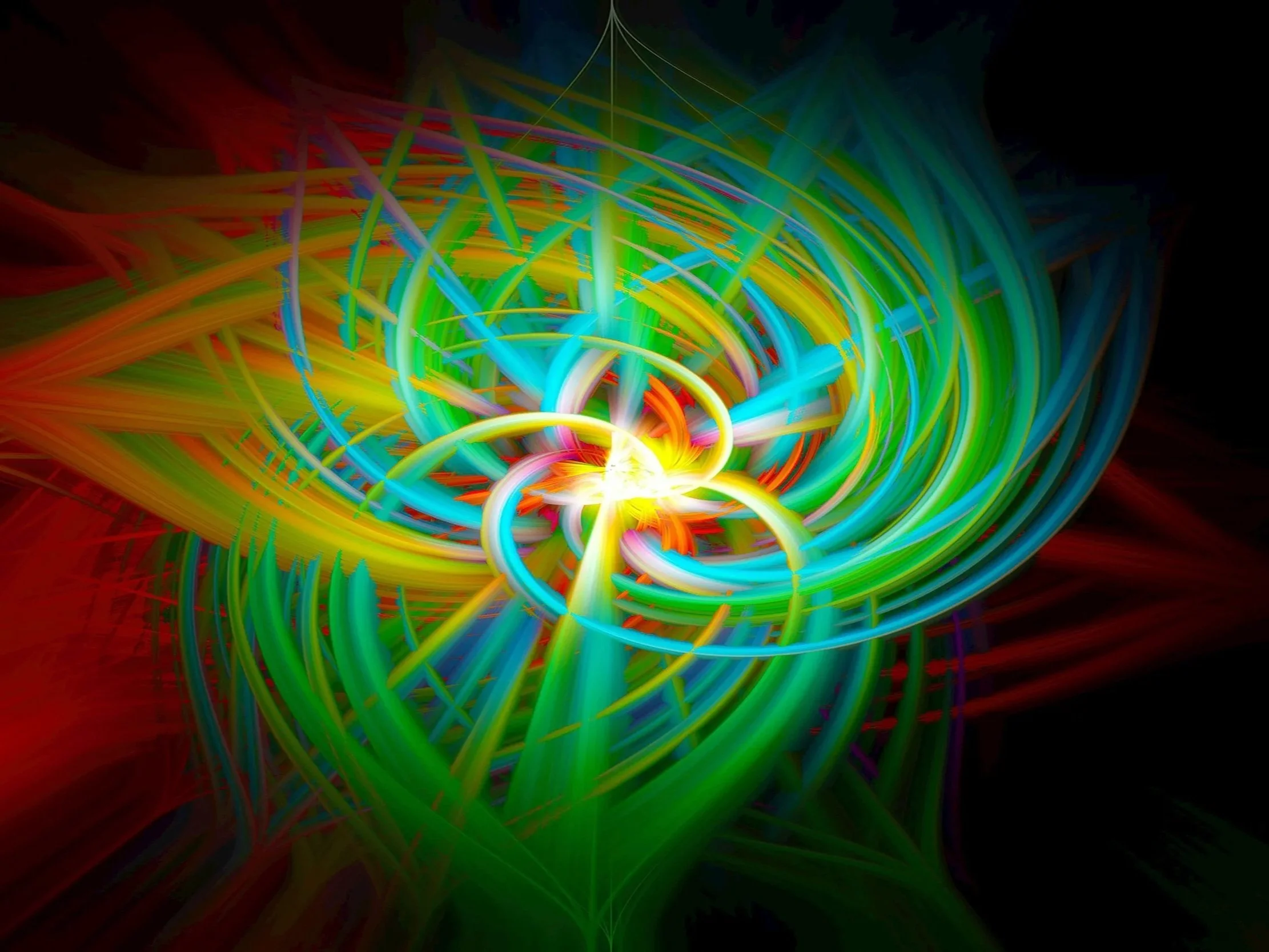Colorful abstract digital artwork with bright swirling lines and light effects in green, yellow, blue, and red.