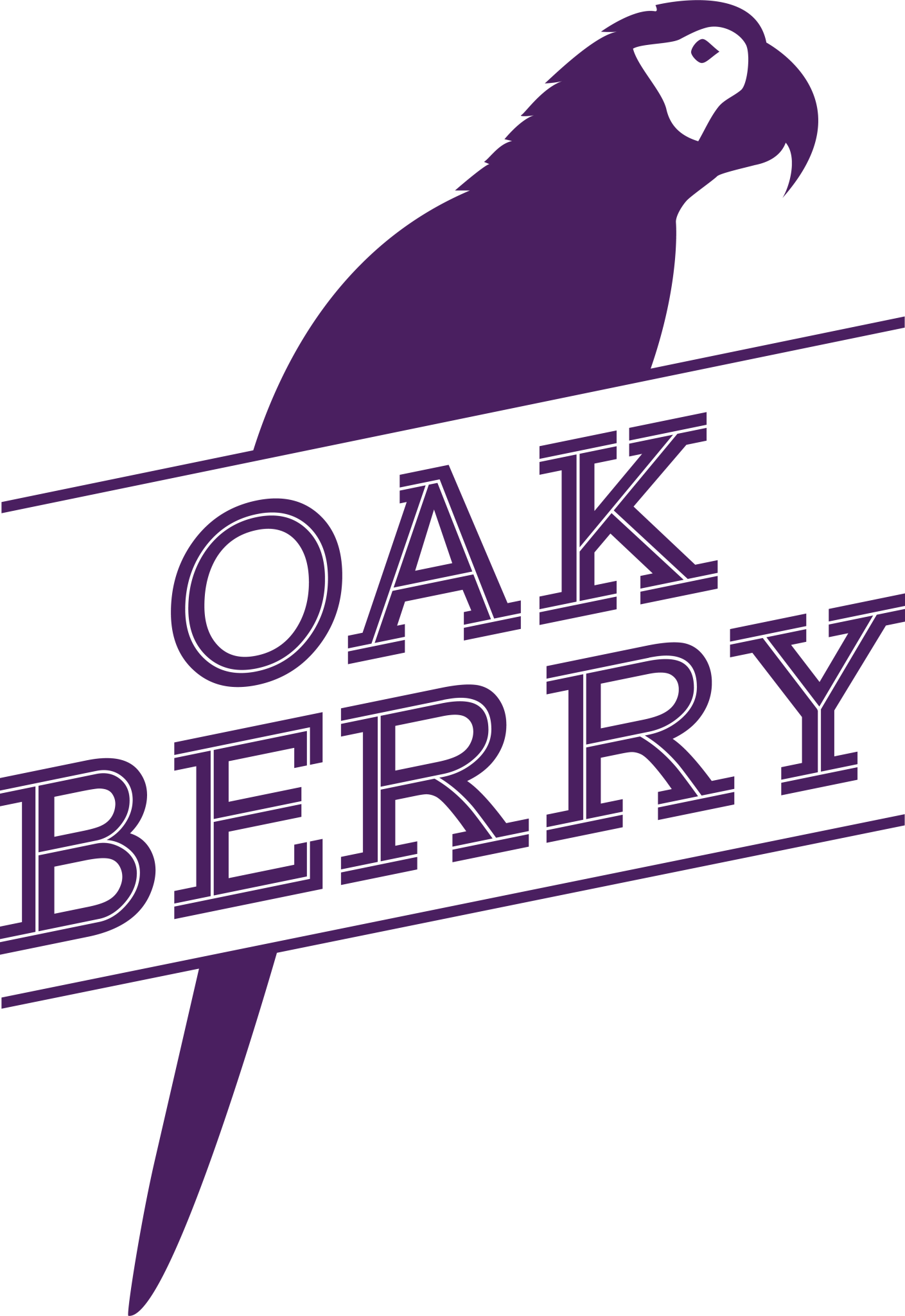 Purple logo with a sparrow and the words "OAK BERRY"