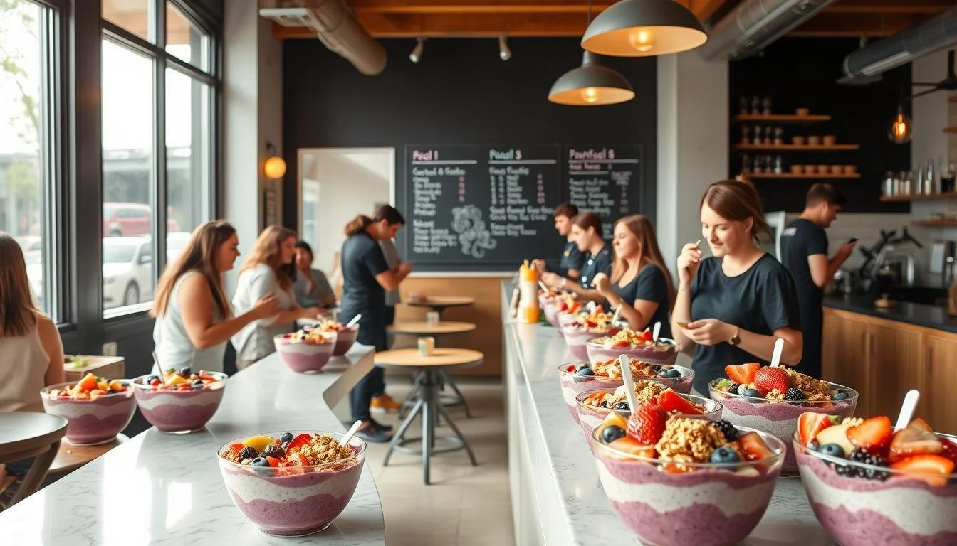 Several large bowls of colorful frozen yogurt topped with fresh berries and granola are displayed on a white counter in a modern, busy cafe. Customers are lined up ordering and eating, with large windows letting in natural light.
