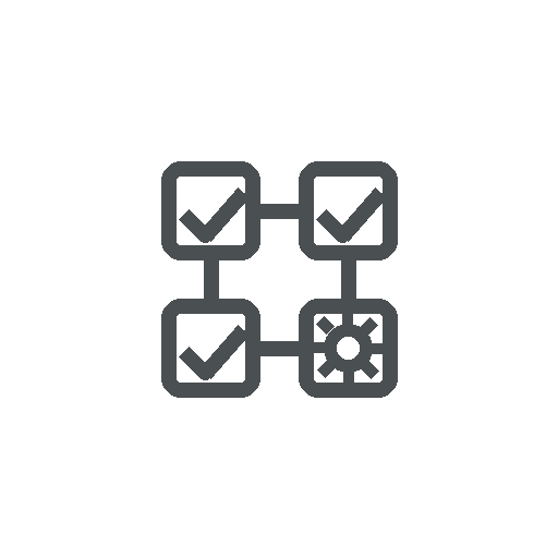 Flowchart diagram with checklist icons and a gear, representing process or task management.