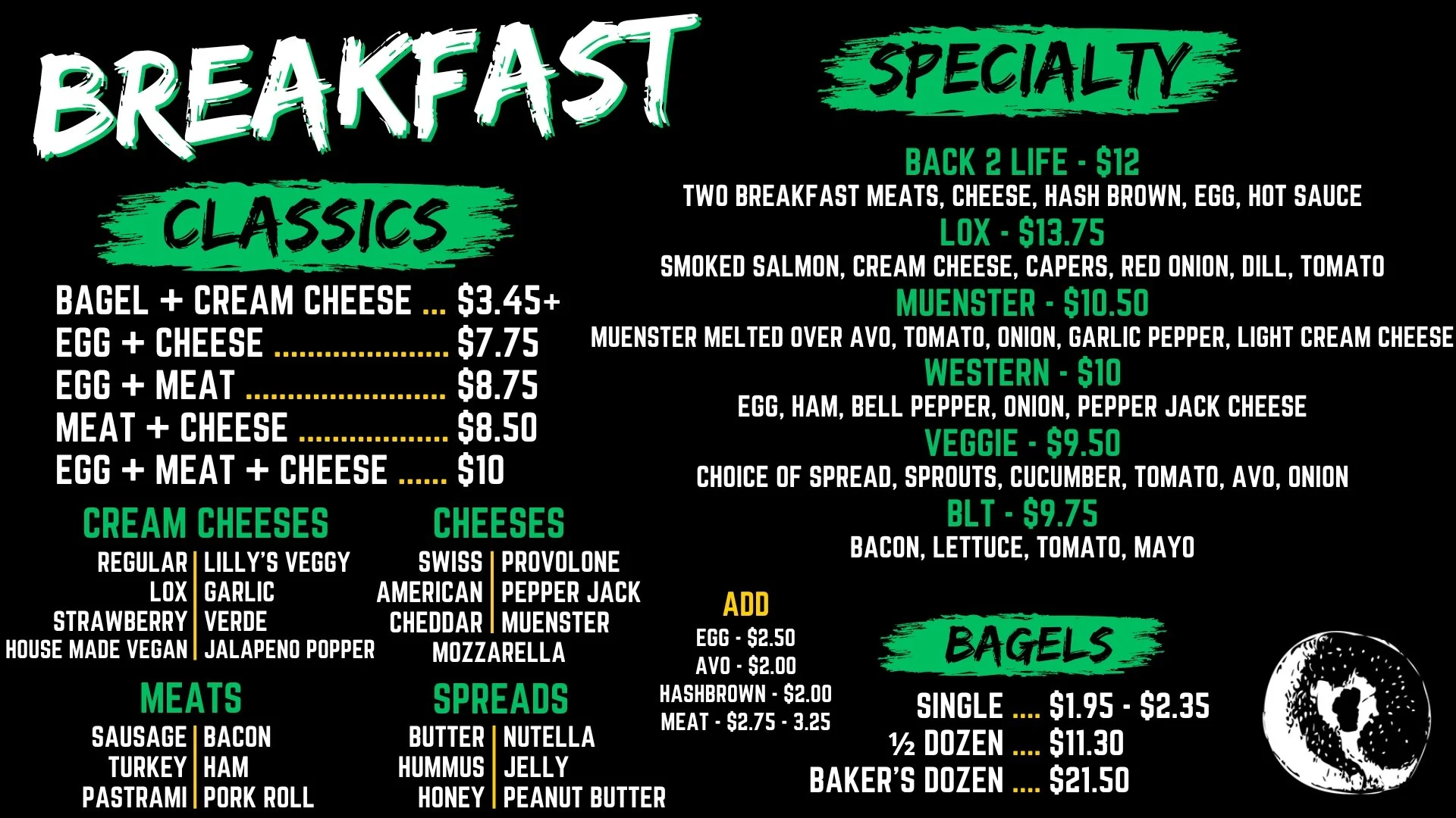 Breakfast bagel menu with singles, dozens, classic egg, meat & cheese sandwiches, specialty bagels like lox and veggie, plus meats, cheeses, and add-ons.