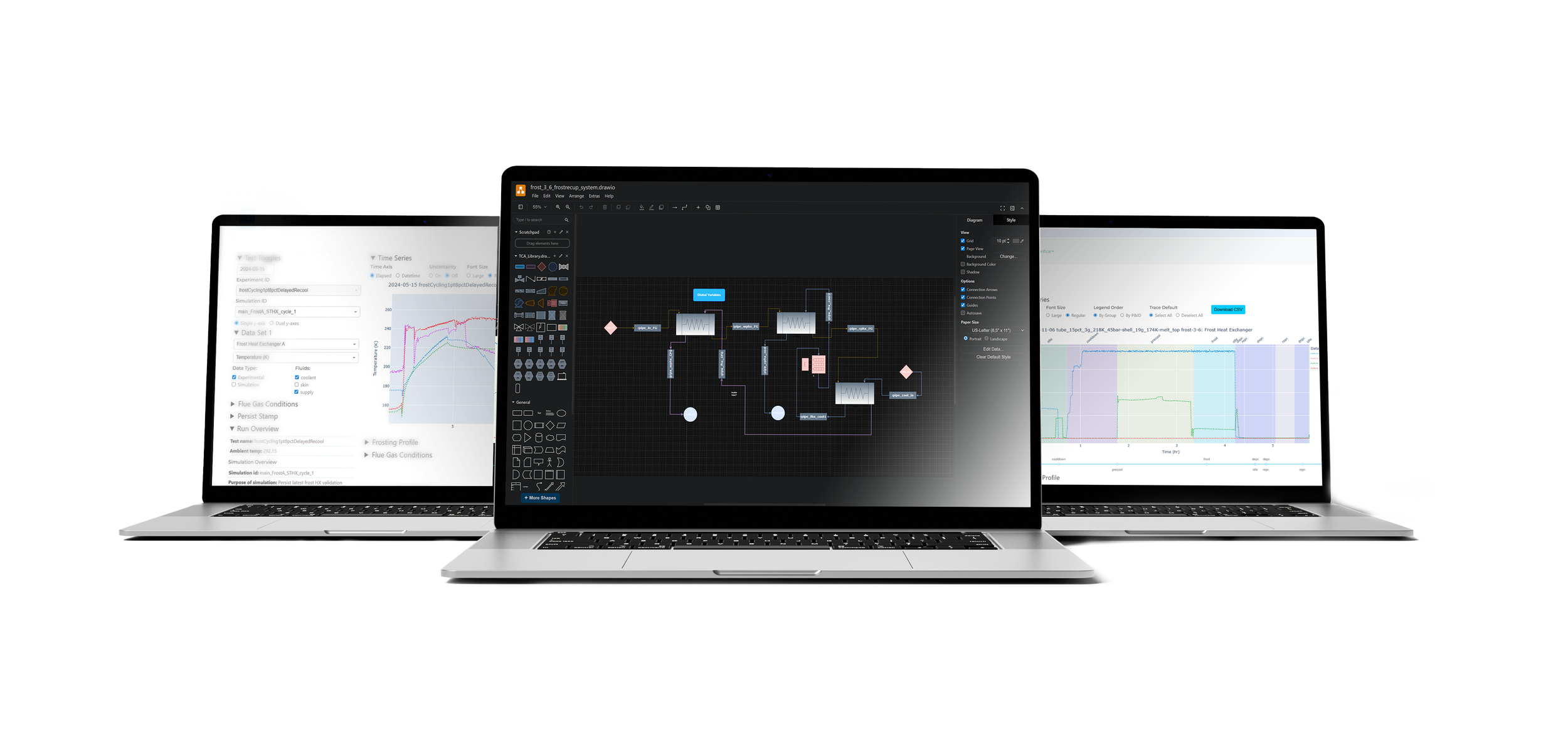 Multiple laptops displaying various technical software interfaces, including graphs, charts, and diagrams, on a white background.