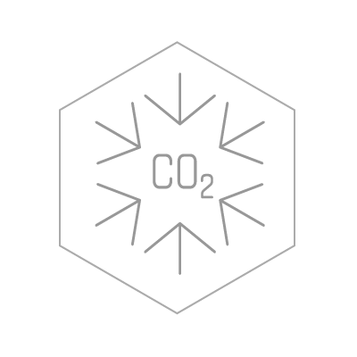 A white hexagon with a stylized snowflake design and 'CO2' in the center, representing carbon dioxide.