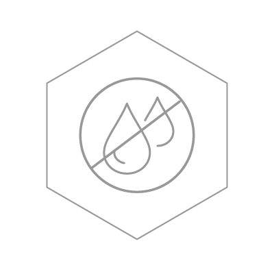 A circle with a slash through it over the water droplet icon, inside a hexagon.