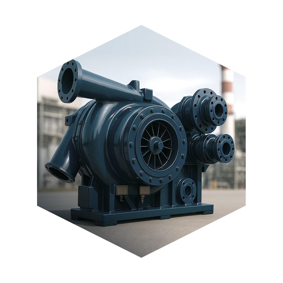 Large industrial compressor machine outdoors on a concrete surface with a cloudy sky in the background.