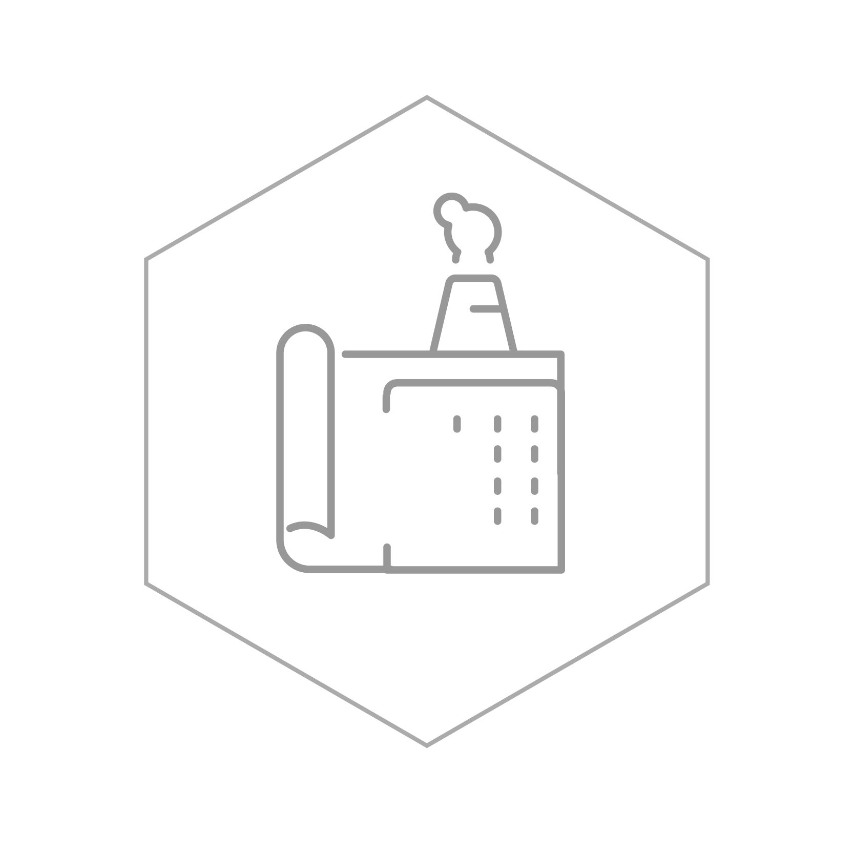 Line drawing of a factory with smoke coming out of chimney, set inside a hexagon outline.