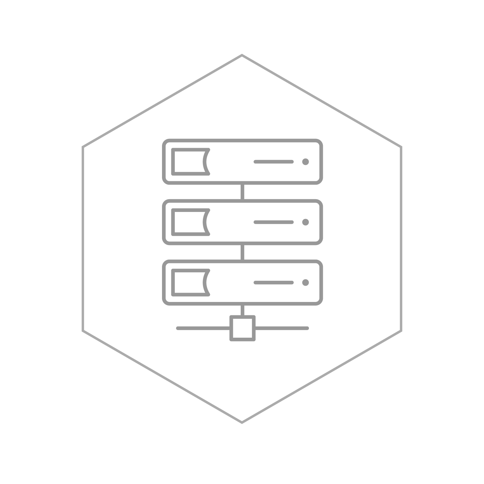 Line drawing of a computer server rack with three servers inside a hexagon outline.