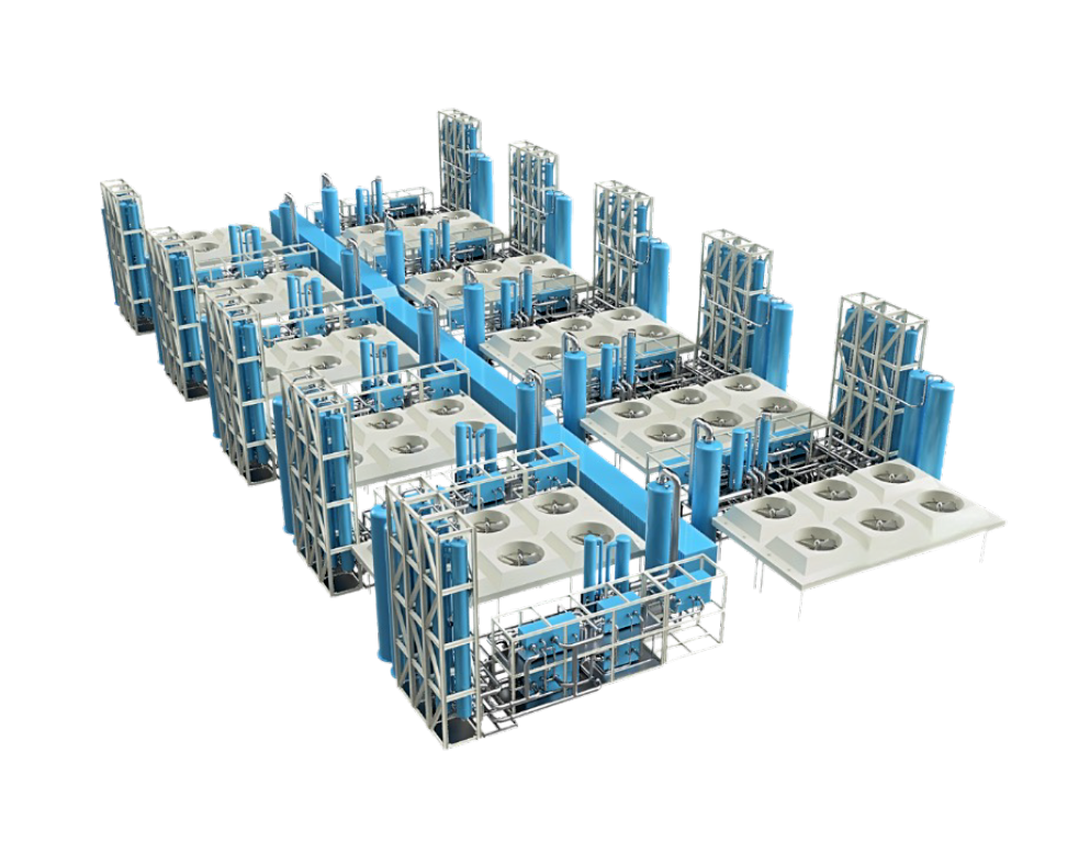 A large, complex robotic machine with multiple blue and white components, possibly used for manufacturing or assembly.