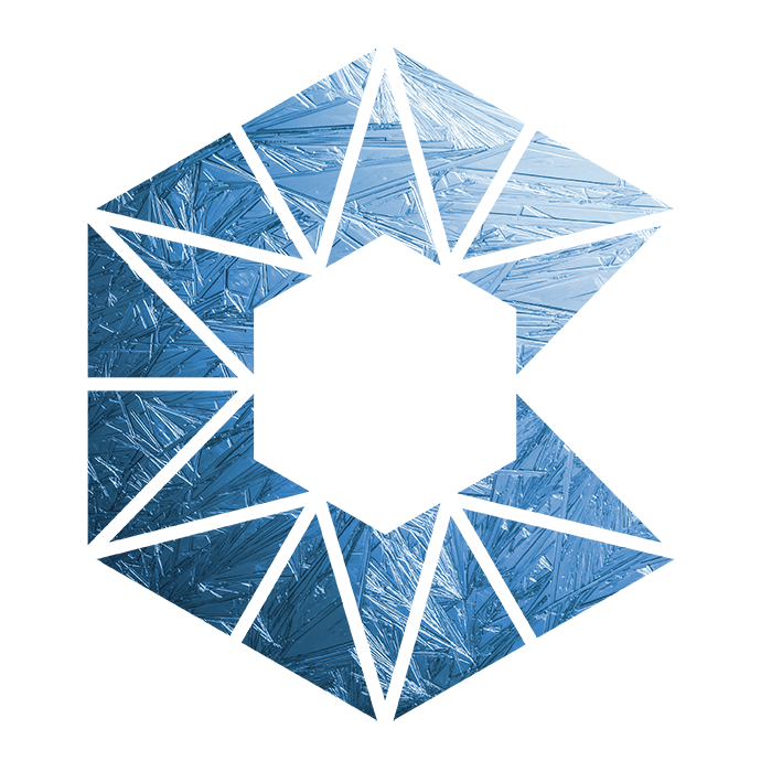 A stylized, digital blue hexagon snowflake with intricate, angular geometric patterns resembling crystal ice, set against a transparent background.