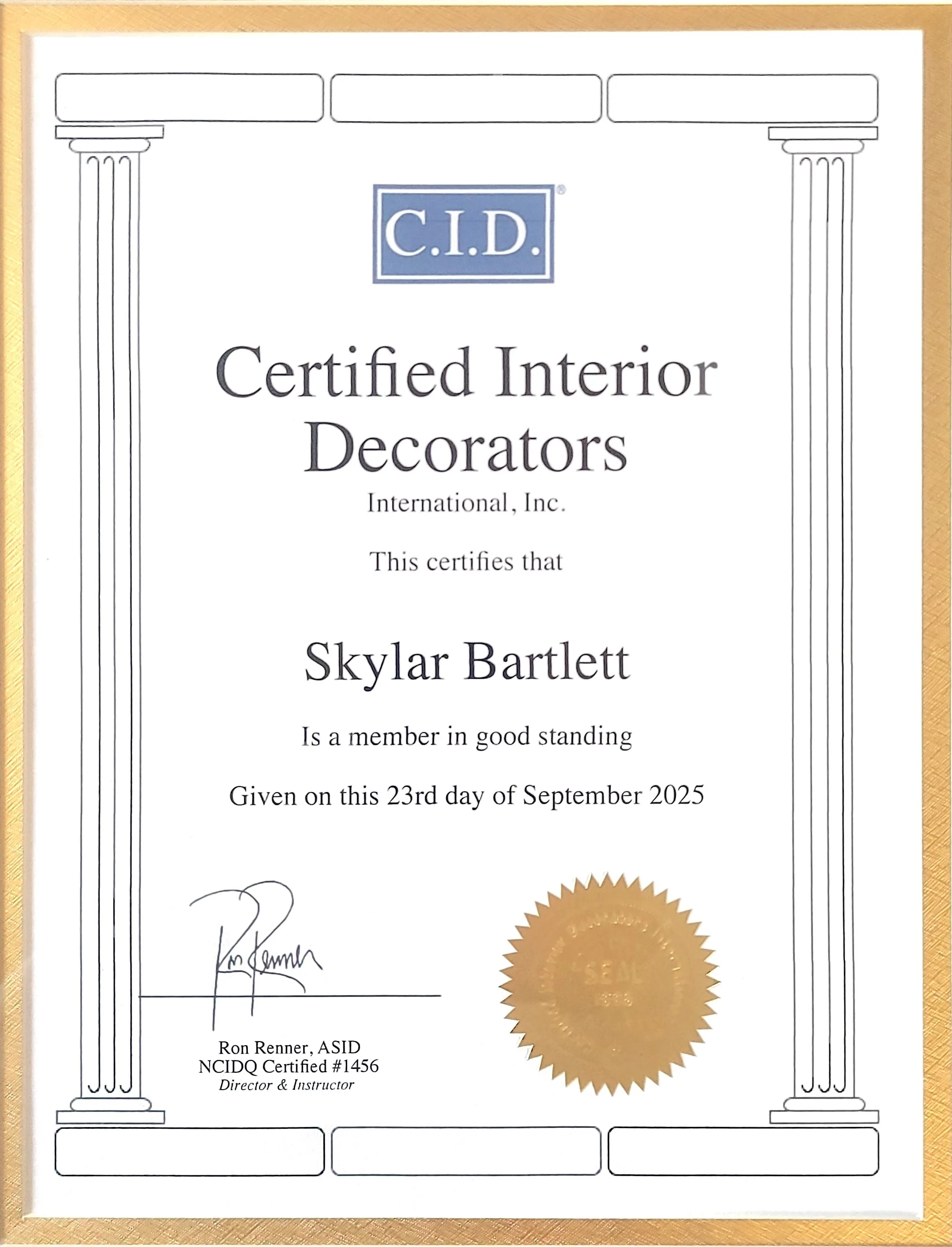 Certificate for Certified Interior Decorators awarded to Skylar Bartlett, dated September 23, 2025, signed by Ron Renner, with a gold seal at the bottom right corner.