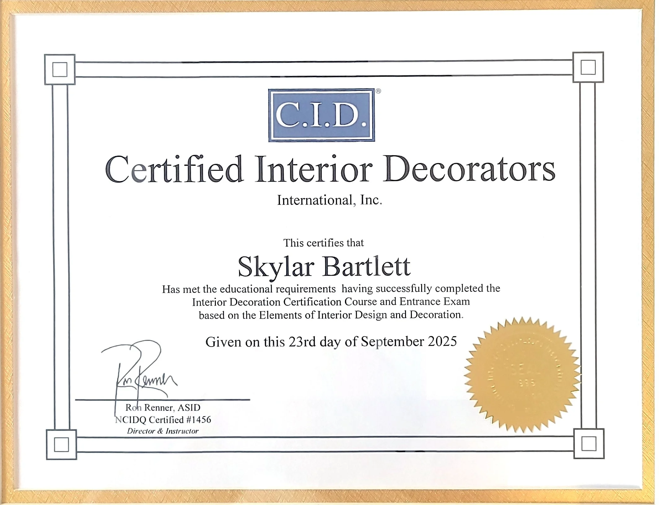 Certificate of completion from Certified Interior Decorators, awarded to Skylar Bartlett on September 23, 2025, with a gold seal and signature, bordered with a decorative frame.