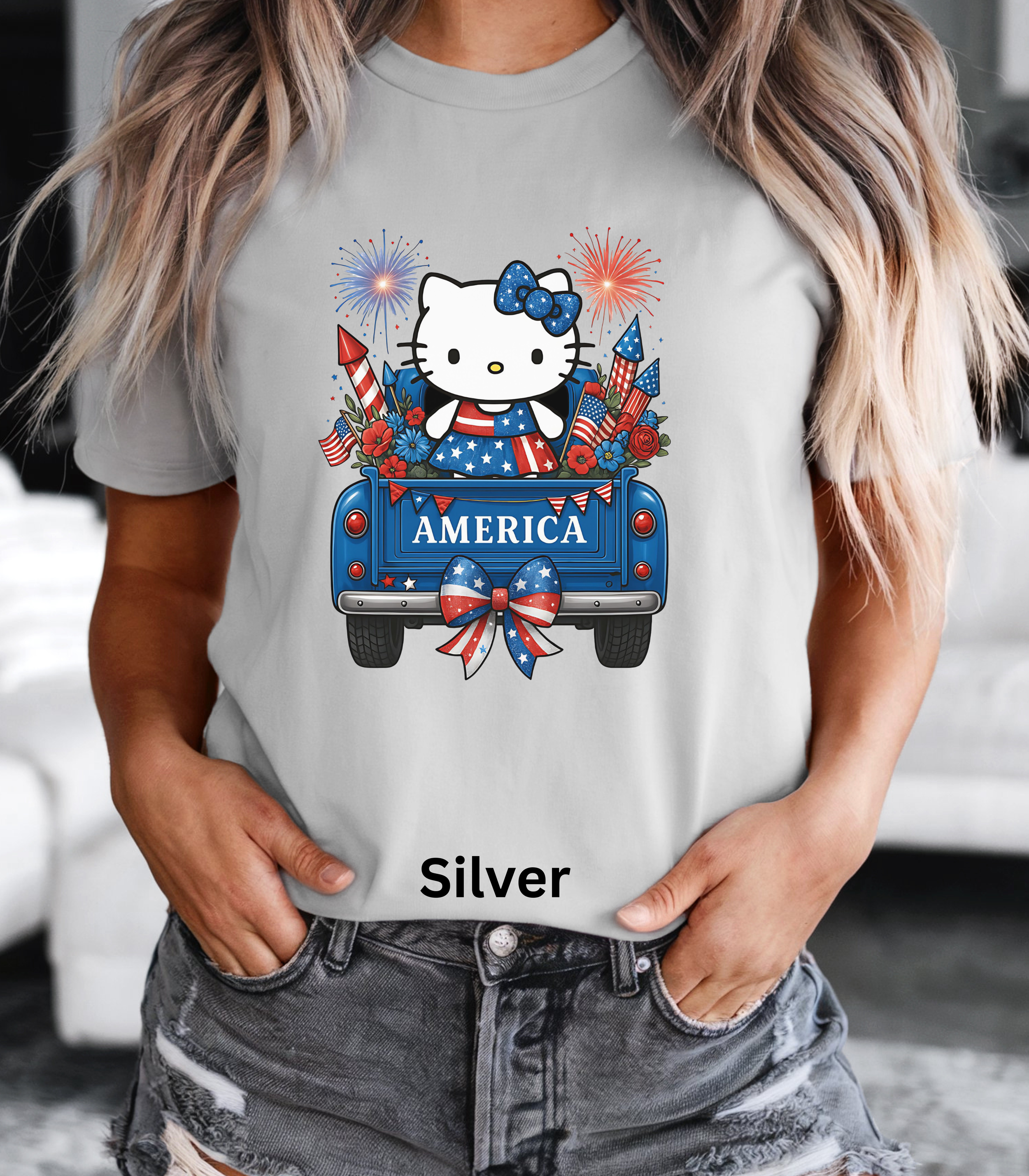 Cute Patriotic Kitty T-Shirt – America Pickup Truck Fireworks Red White Blue Tee
