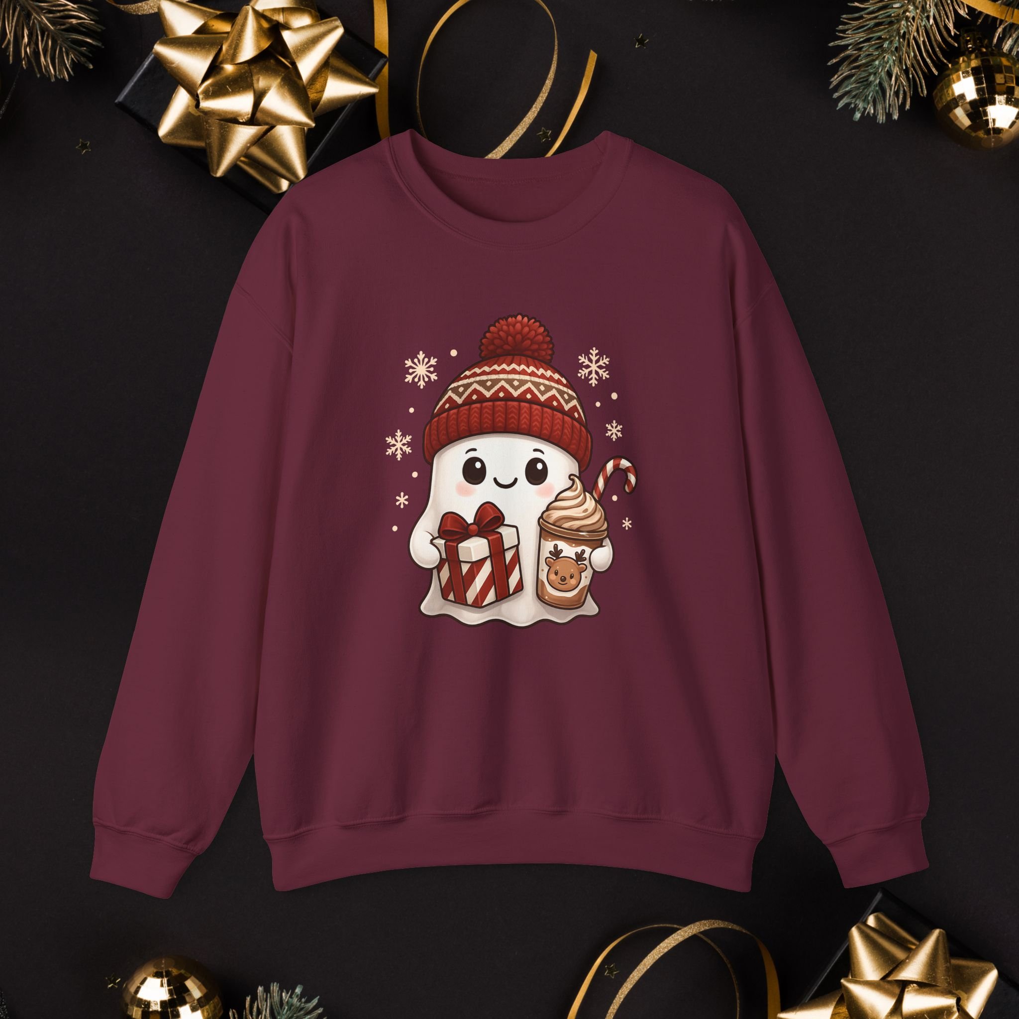 Cute Christmas Ghost Sweatshirt, Cozy Holiday Coffee Sweatshirt