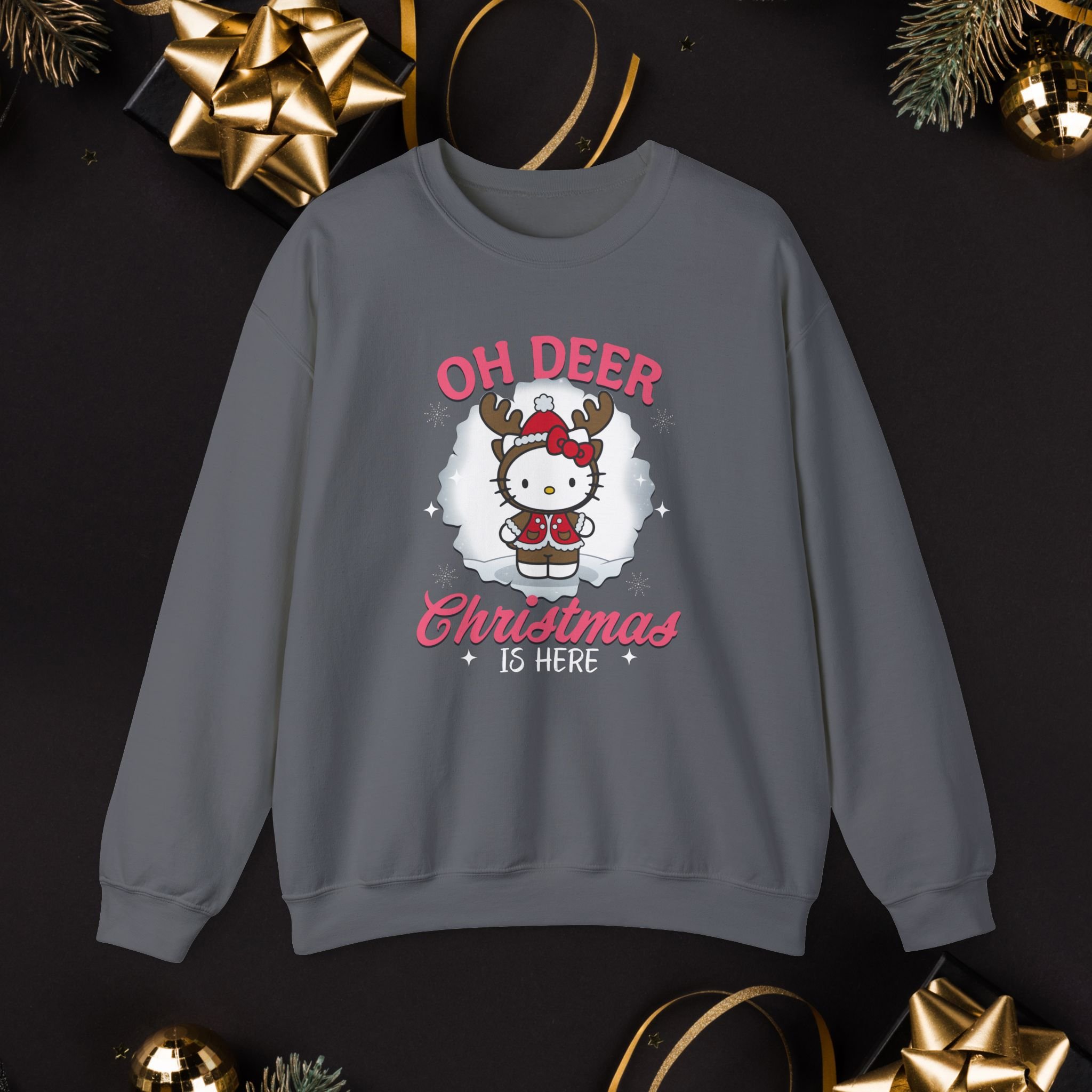 Oh Deer Christmas Is Here Sweatshirt, Cute Reindeer Hello Kitty Holiday Shirt Sweatshirt