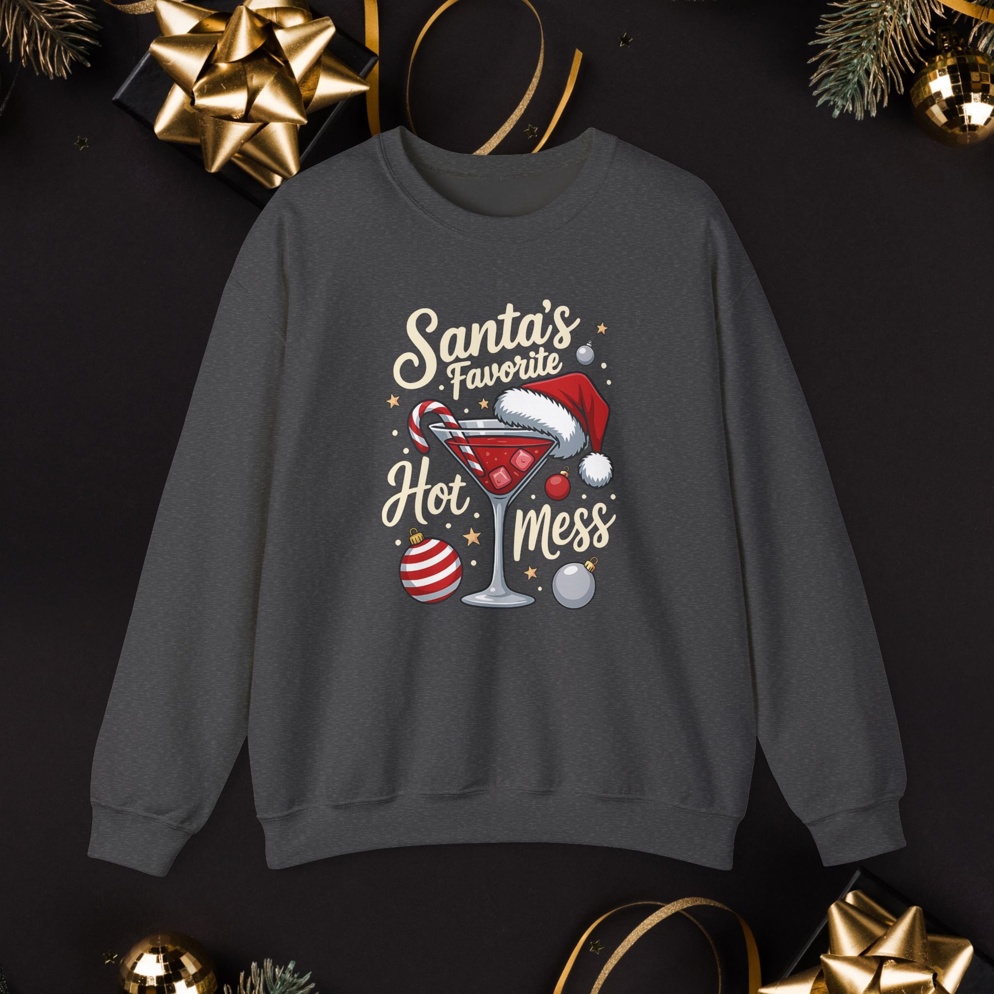Santa’s Favorite Hot Mess Sweatshirt, Funny Christmas Cocktail Sweatshirt