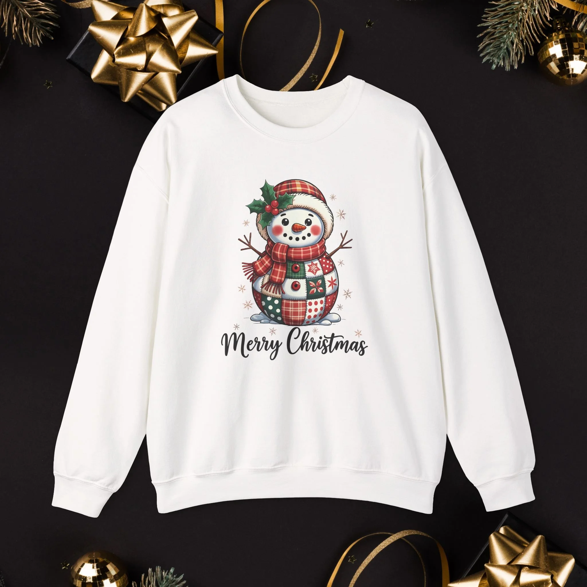 Faux Patchwork Snowman Christmas Sweatshirt, Cozy Winter Plaid Snowman Sweatshirt