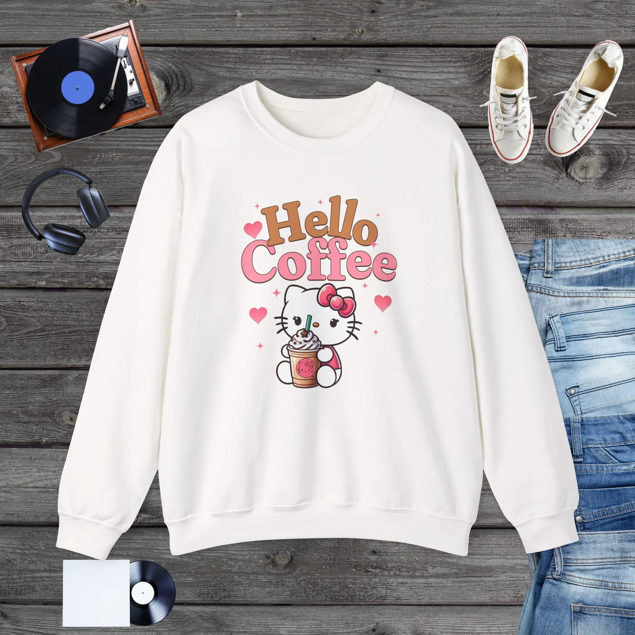 Cute Coffee Lover Sweatshirt, Kitty “Hello Coffee” Graphic Sweatshirt