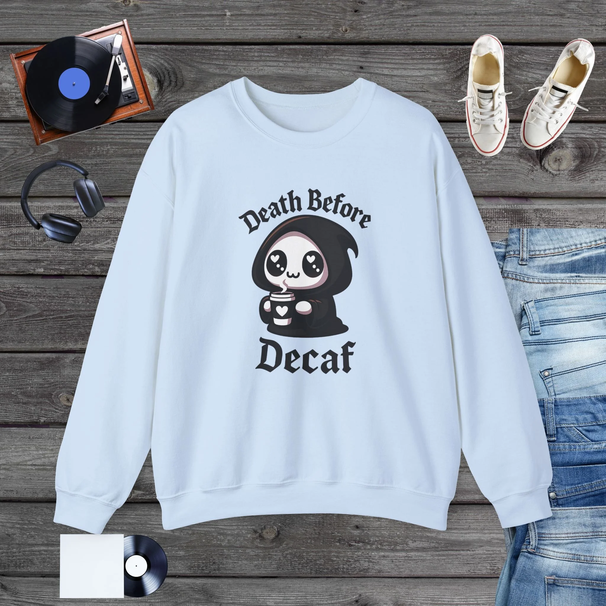 Cute Grim Reaper Coffee Sweatshirt | Spooky Kawaii Goth Aesthetic Graphic Sweatshirt