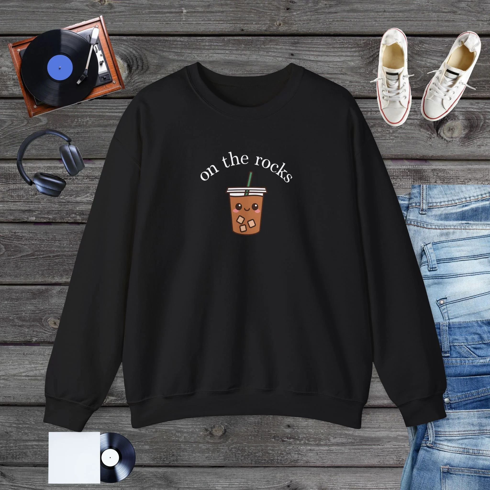 Kawaii “On the Rocks” Coffee Lover Graphic Sweatshirt  | Cute Iced Coffee Graphic Sweatshirt