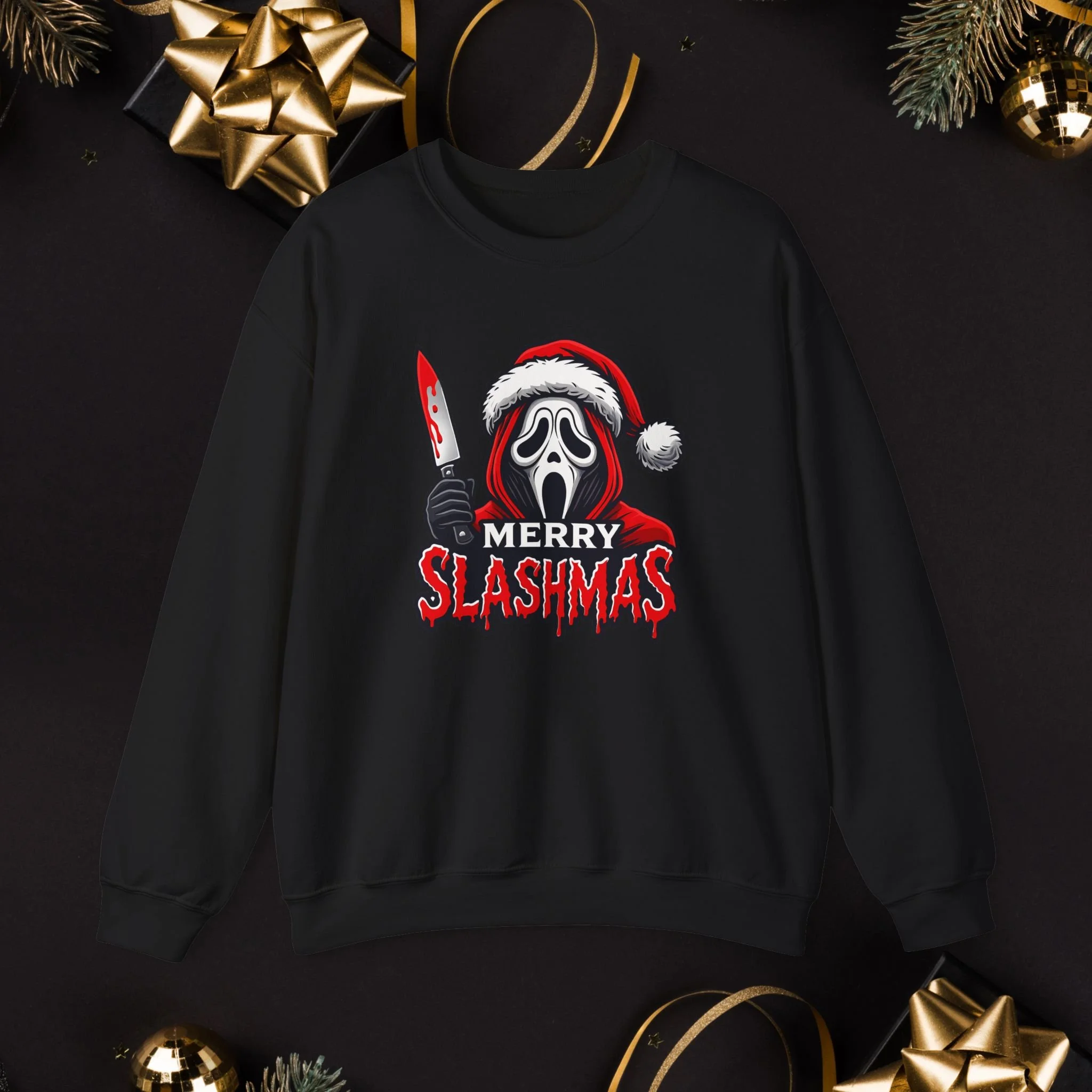 Merry Slashmas Horror Christmas Sweatshirt| Dark Funny Holiday Slasher Graphic Sweatshirt