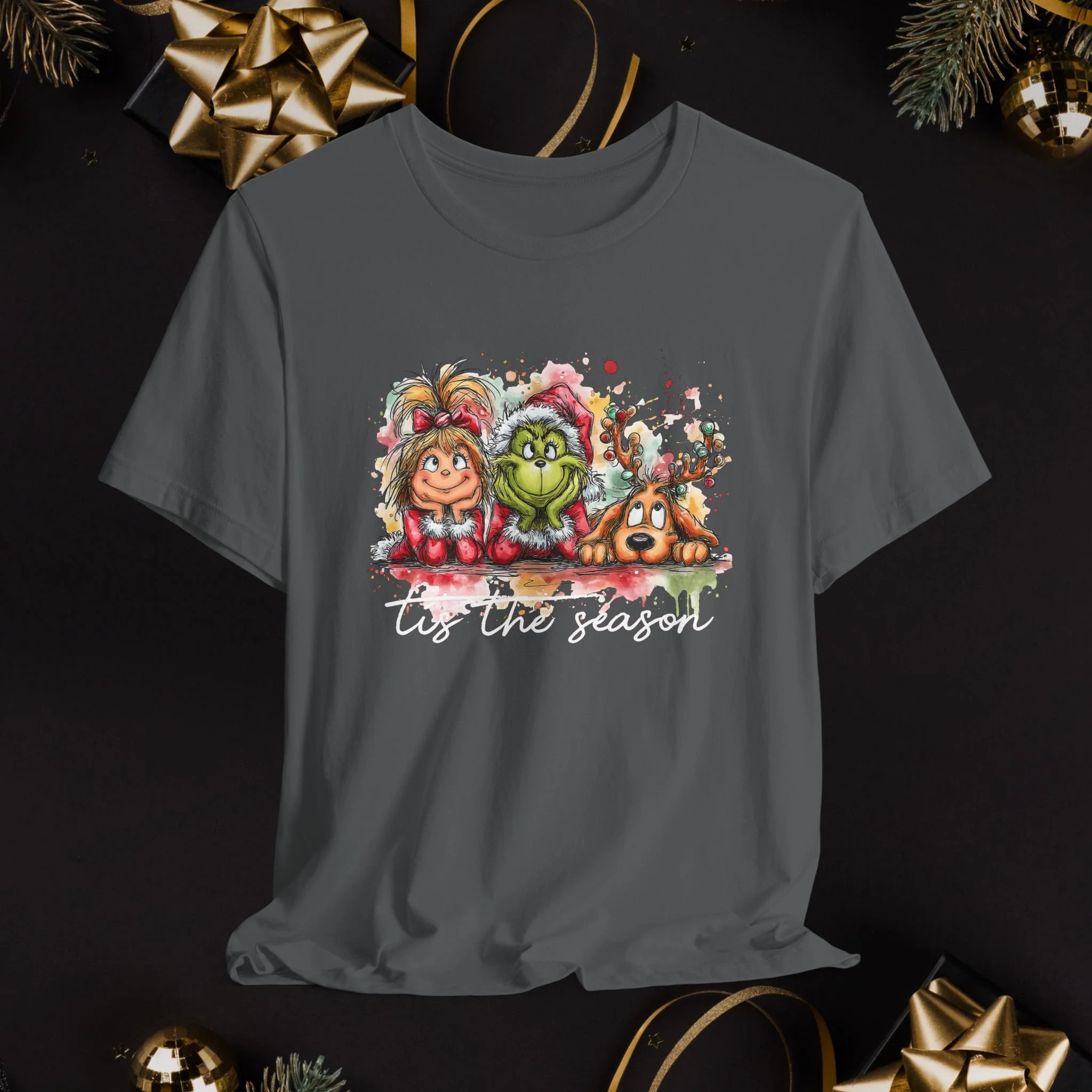 Cute Christmas Trio Grinch Cindy Max Watercolor T-Shirt | Holiday Grinch Friends Festive Graphic Tee