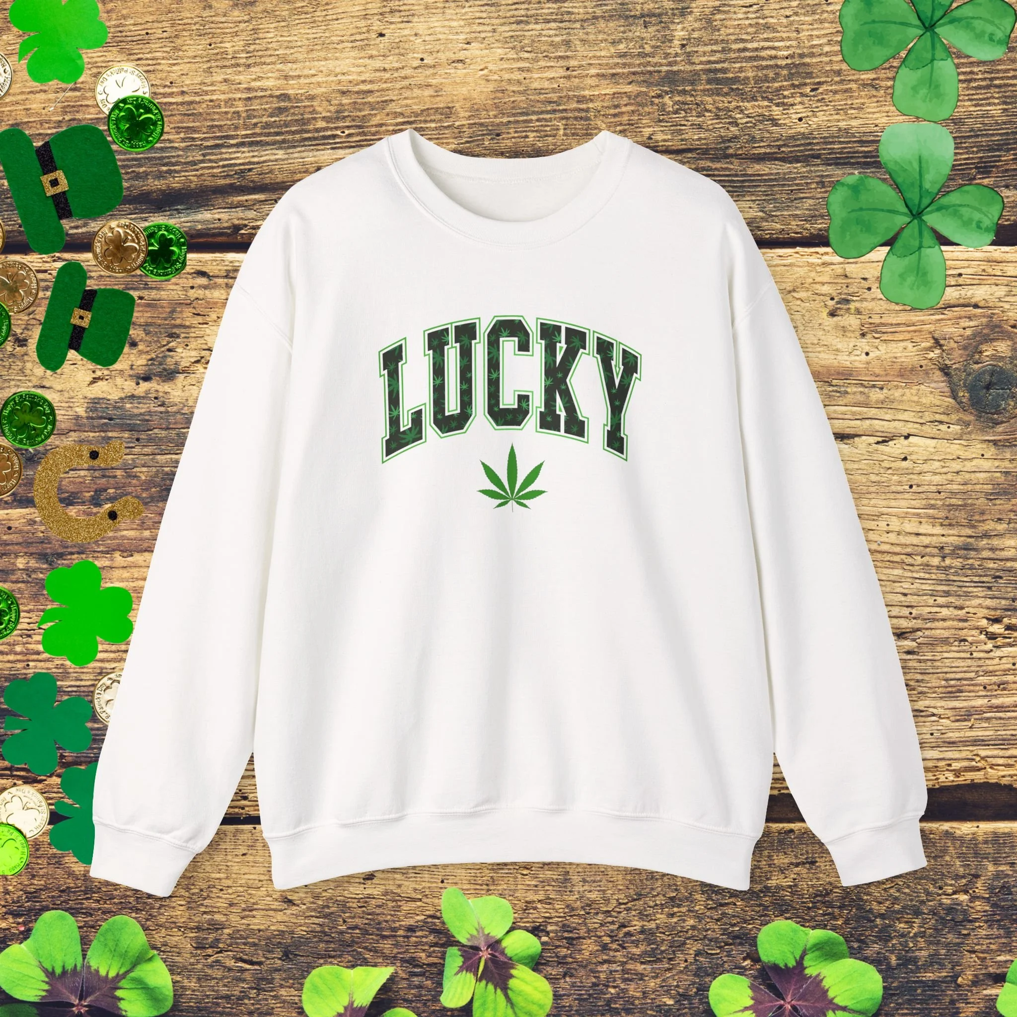 Lucky St Patrick’s Day Sweatshirt| Green Weed Leaf Graphic Sweatshirt| Funny Irish Luck Sweatshirt | Shamrock Cannabis Sweatshirt