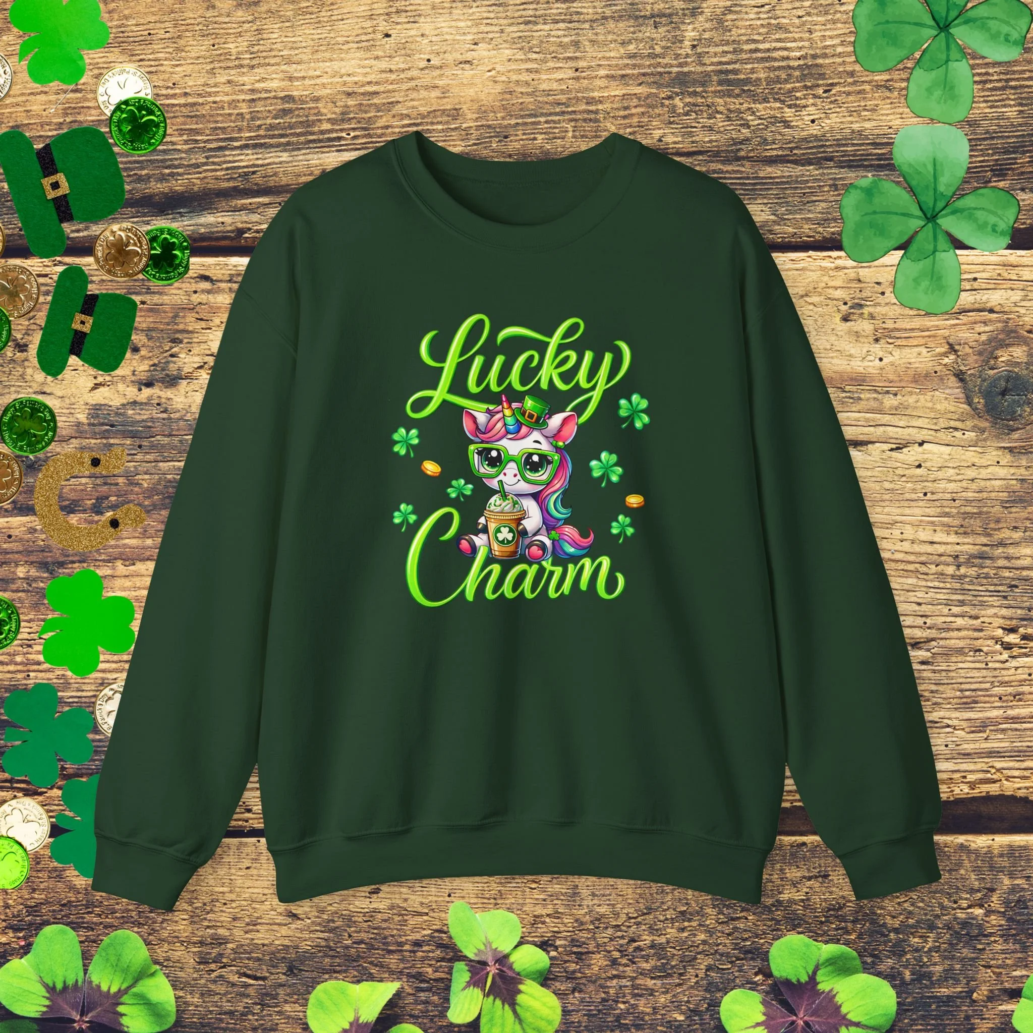 Lucky Charm Unicorn Sweatshirt | Cute St. Patrick’s Day Graphic Sweatshirt | Shamrock Rainbow Irish Party Sweatshirt