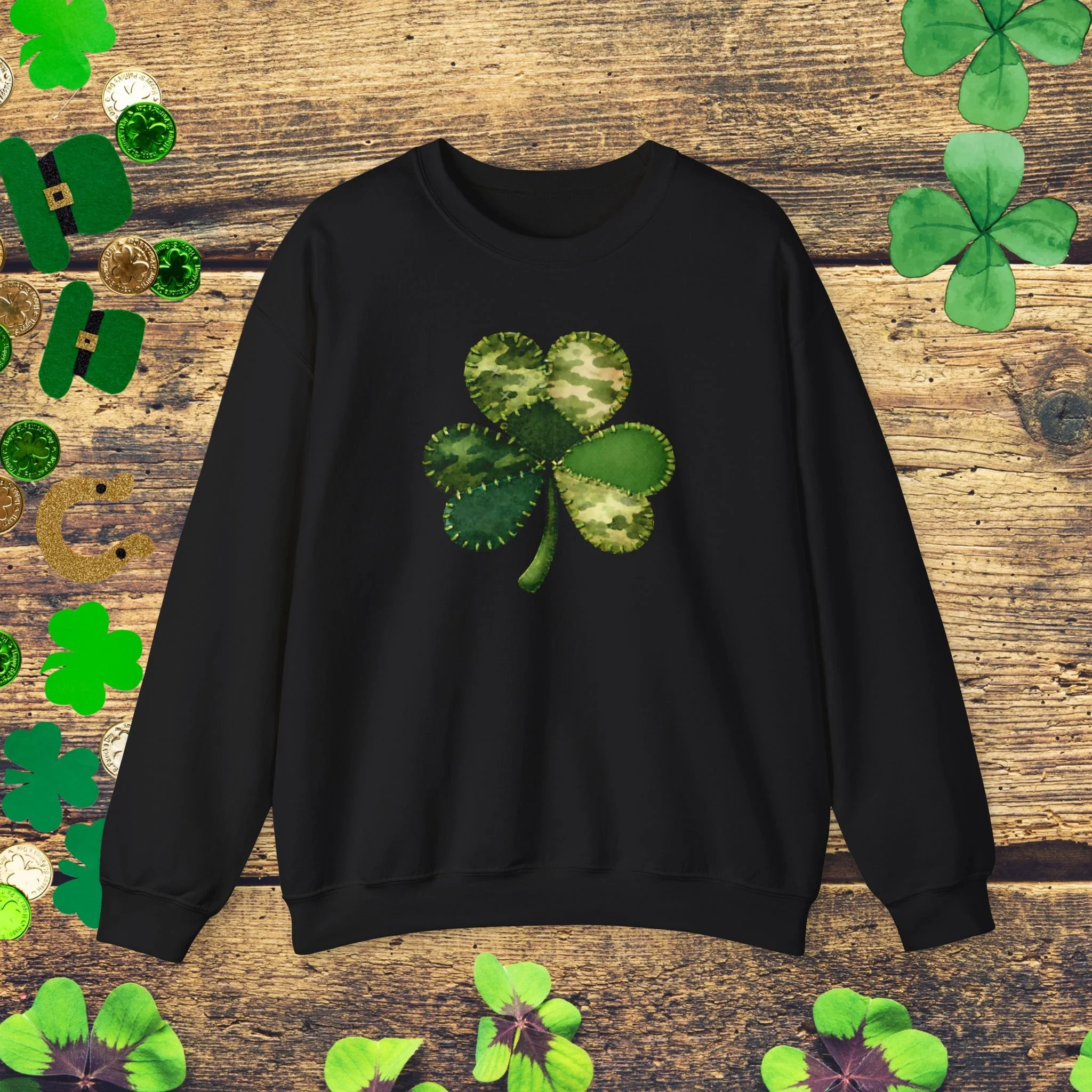 Camo Faux Patchwork Shamrock St. Patrick’s Day Sweatshirt | Military Style Lucky Clover Sweatshirt | Minimalist Irish Graphic Sweatshirt