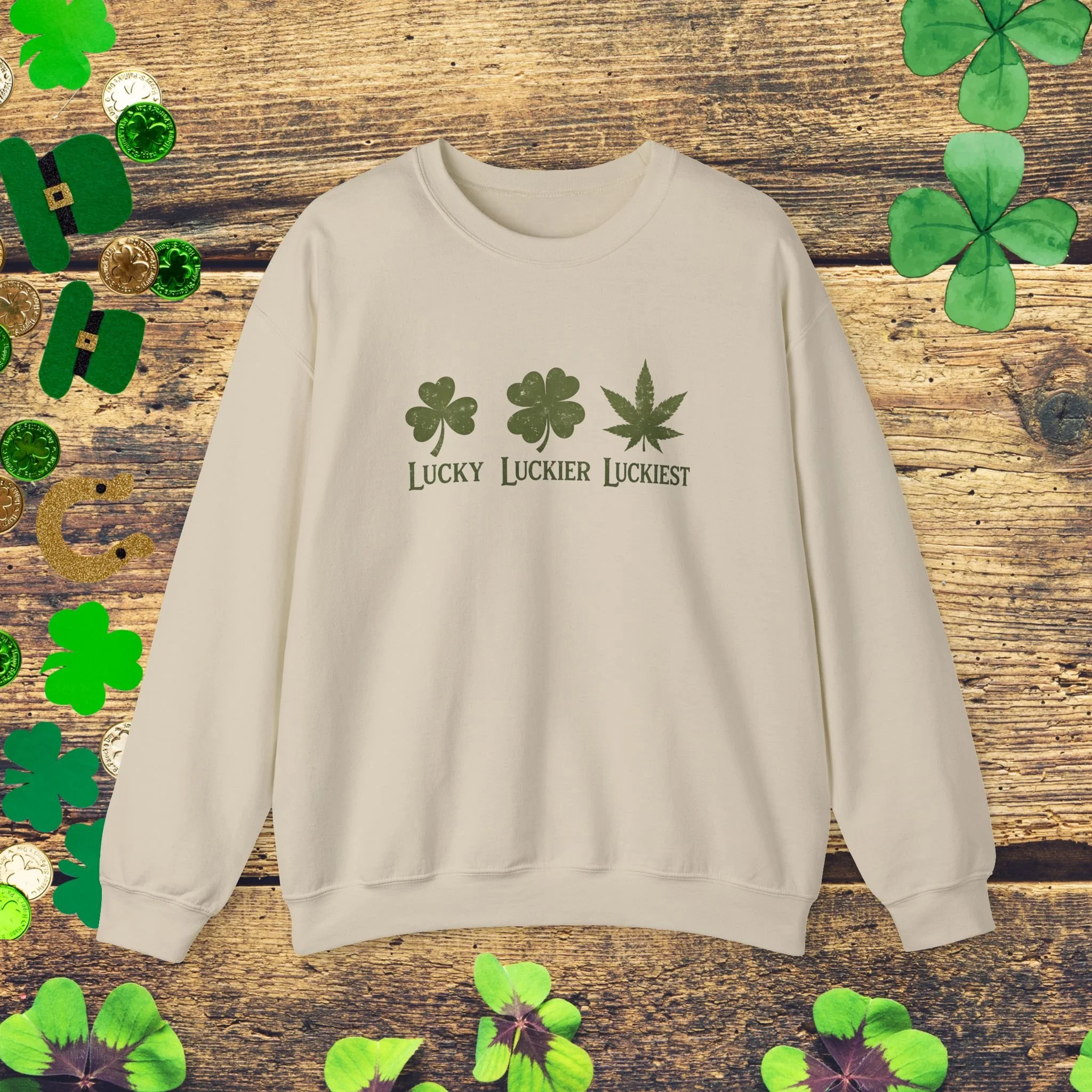 Lucky Luckier Luckiest St Patrick’s Day Cannabis Sweatshirt| Funny Shamrock Sweatshirt | Irish Lucky Sweatshirt | 420 Party Sweatshirt