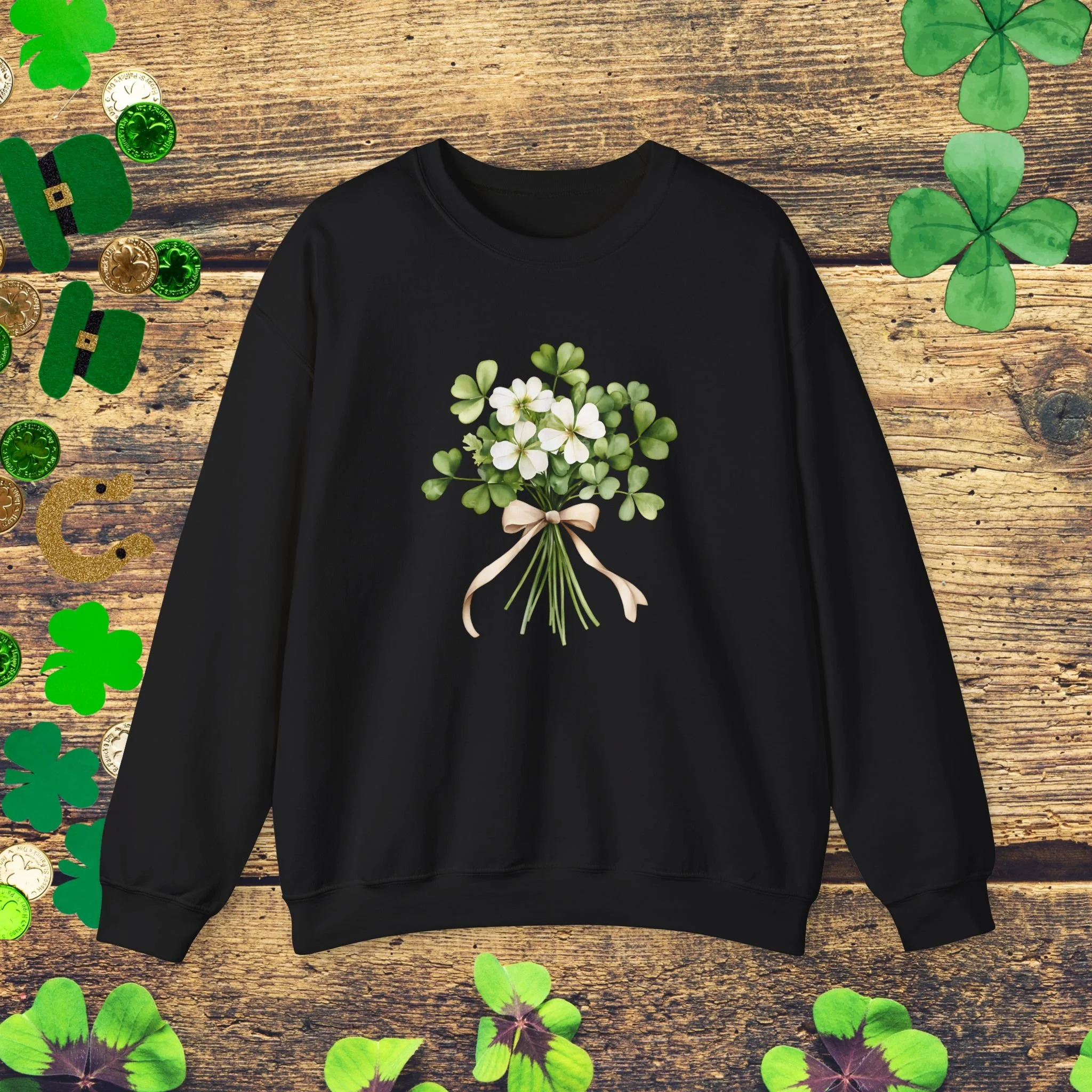 Lucky Clover Bouquet Sweatshirt | St Patrick’s Day Floral Sweatshirt | Elegant Shamrock Sweatshirt | Irish Spring Graphic Sweatshirt