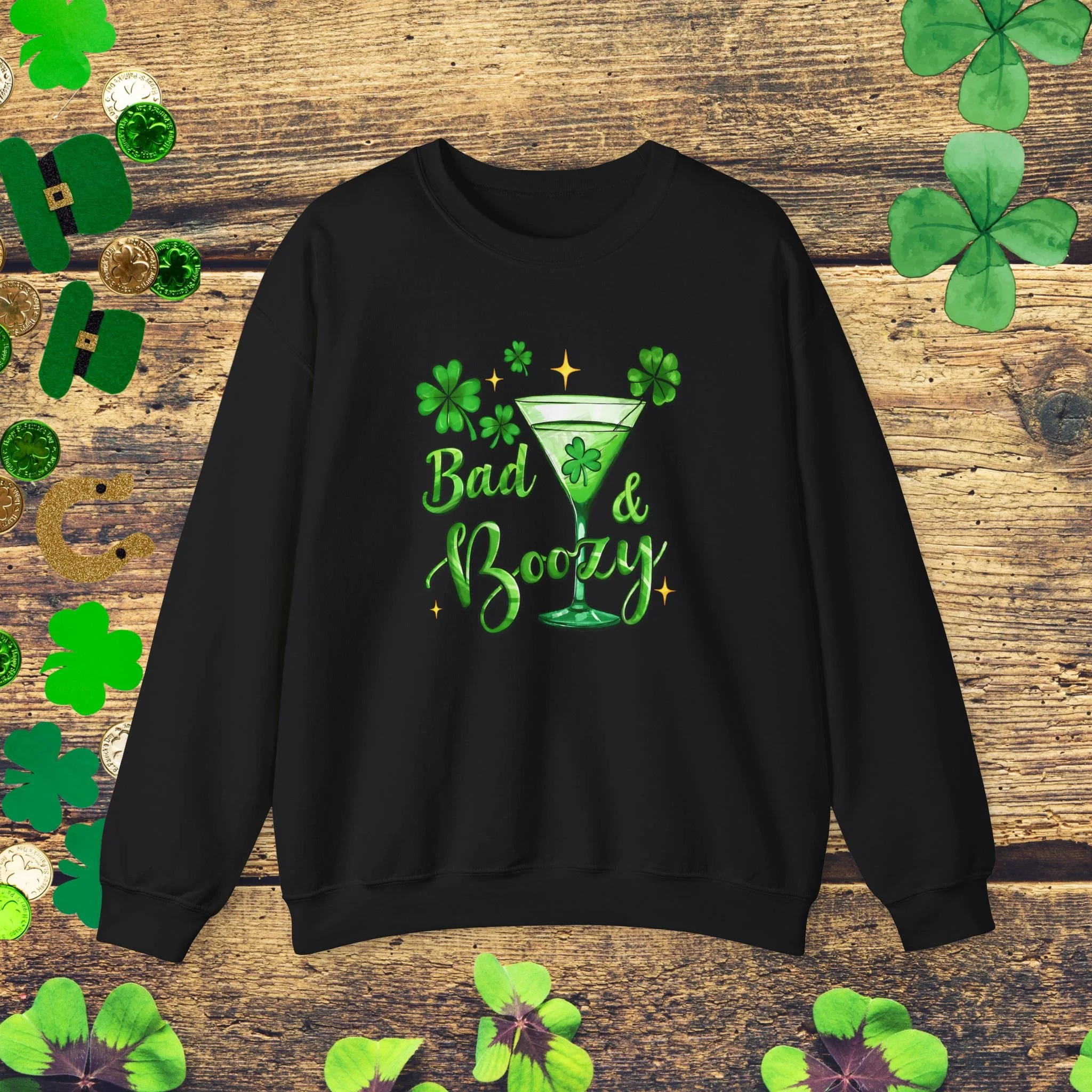 Bad & Boozy St Patrick’s Day Sweatshirt| Funny Irish Drinking Sweatshirt | Green Cocktail Shamrock Sweatshirt