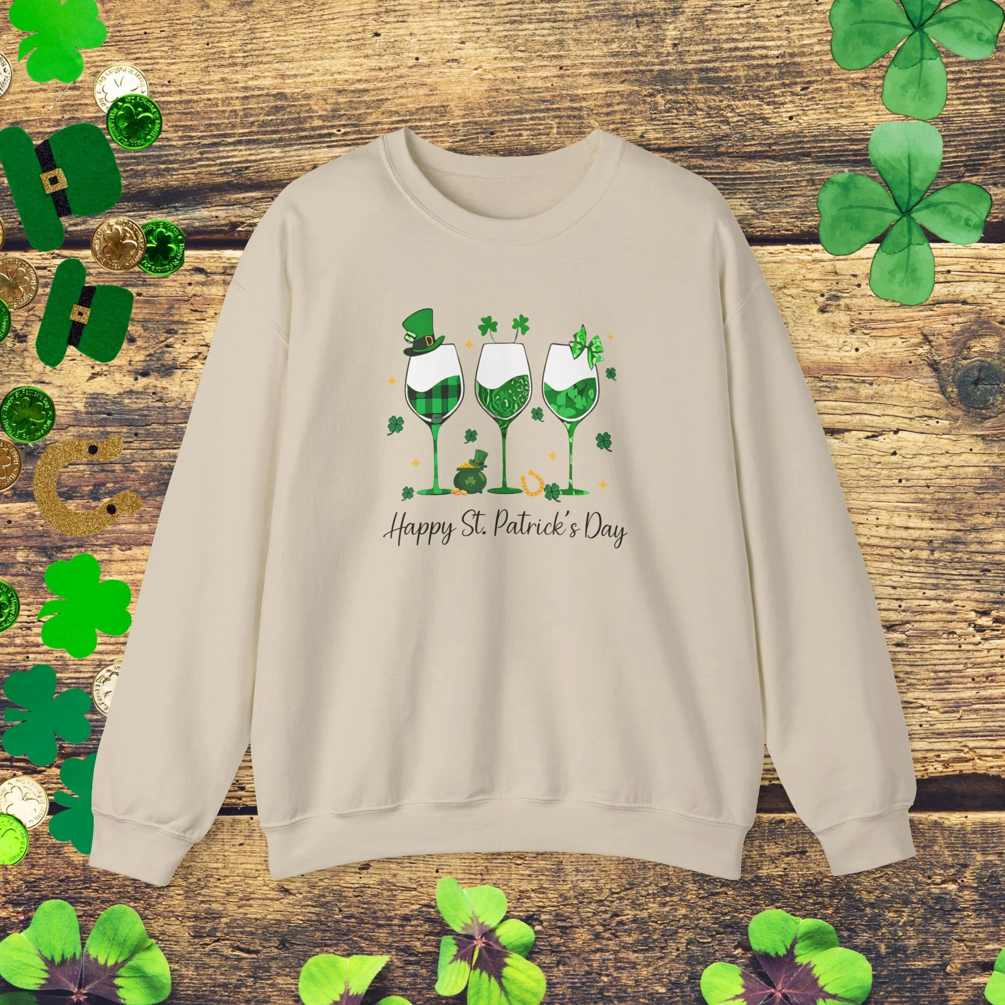 Happy St Patrick’s Day Wine Sweatshirt | St Paddy’s Day Wine Glass Sweatshirt | Funny Irish Wine Lover Sweatshirt| Shamrock Wine Sweatshirt