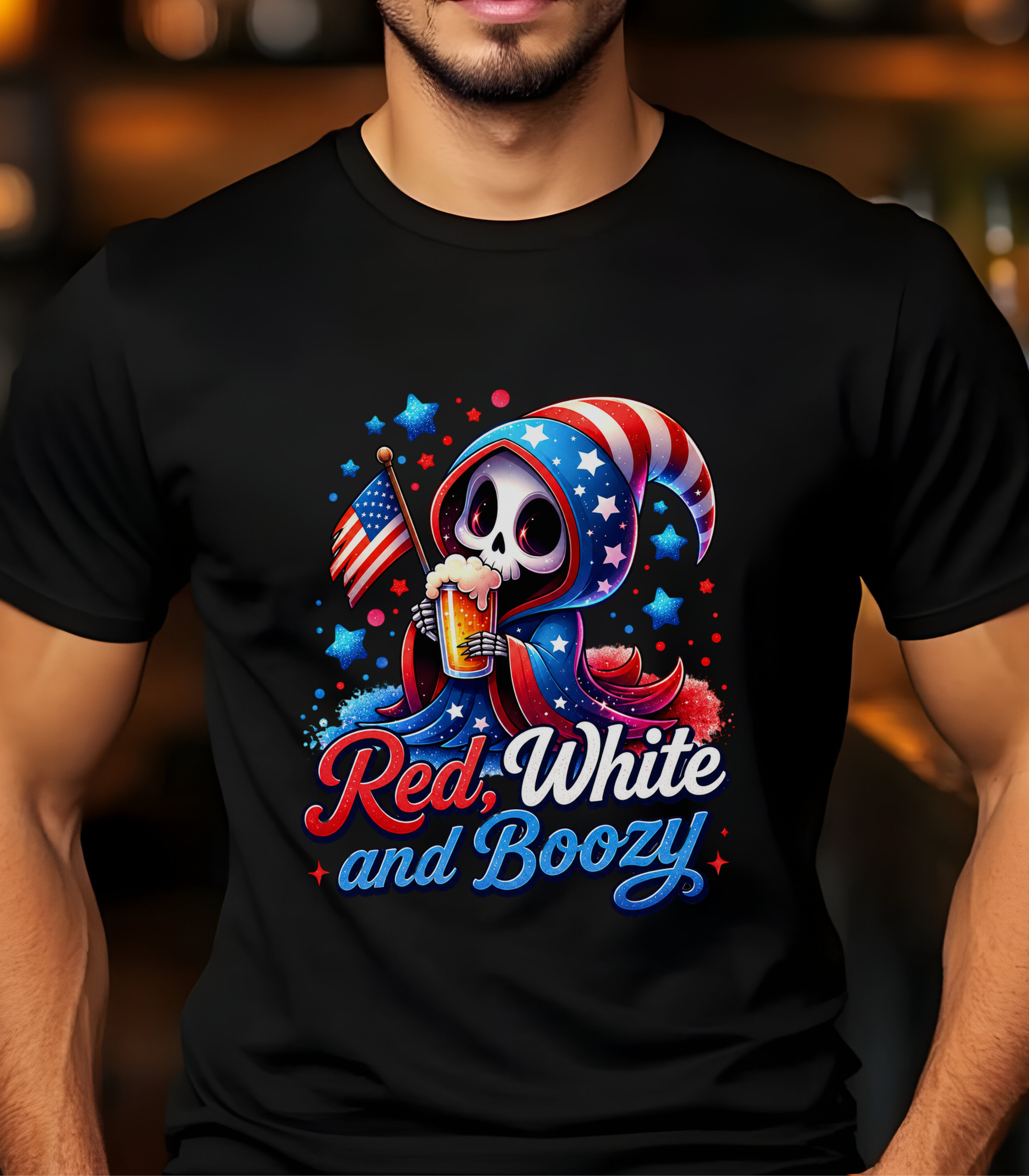 Red White and Boozy Patriotic Skeleton T-Shirt, Funny 4th of July Drinking Shirt, USA Beer Lover Tee, Independence Day Party Graphic Shirt