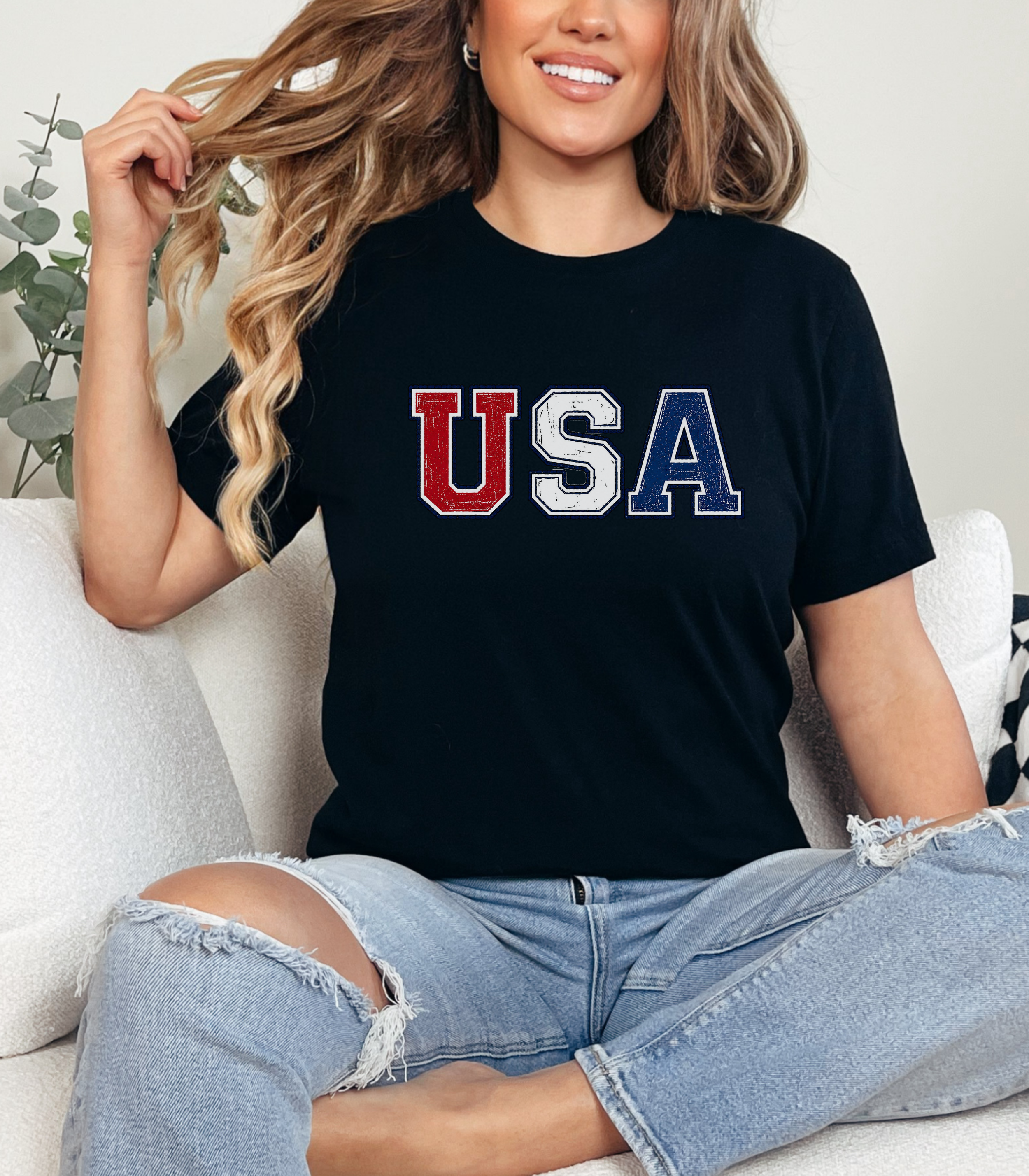 Vintage USA Patriotic Shirt, Distressed American Flag Letter Tee, Fourth of July T-Shirt, USA Pride Graphic Tee, Red White Blue Independence Day Shirt