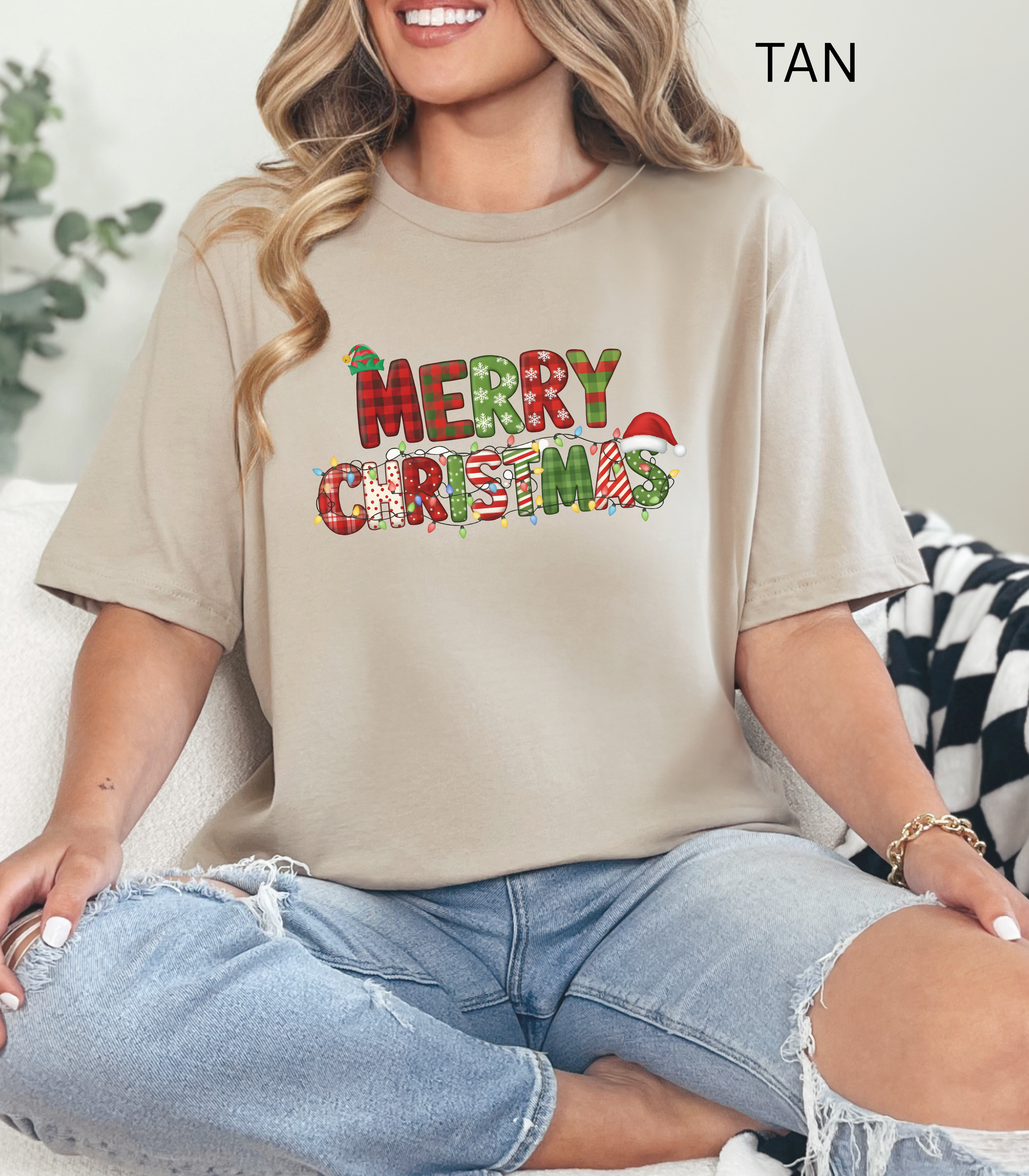 Merry Christmas Lights Shirt, Cute Holiday Buffalo Check Tee