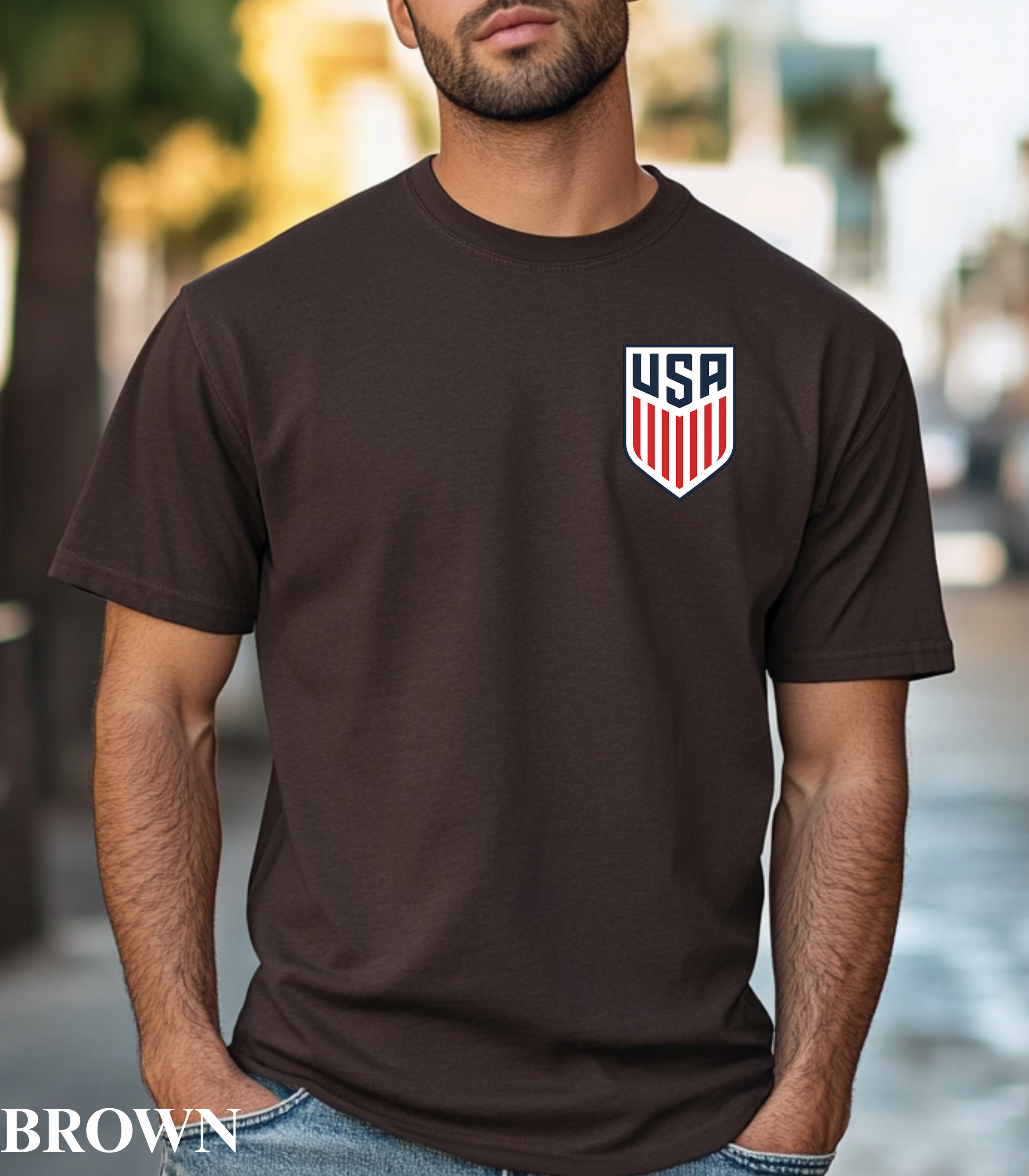 USA Shield Logo T-Shirt – Minimal Patriotic American Flag Crest Tee