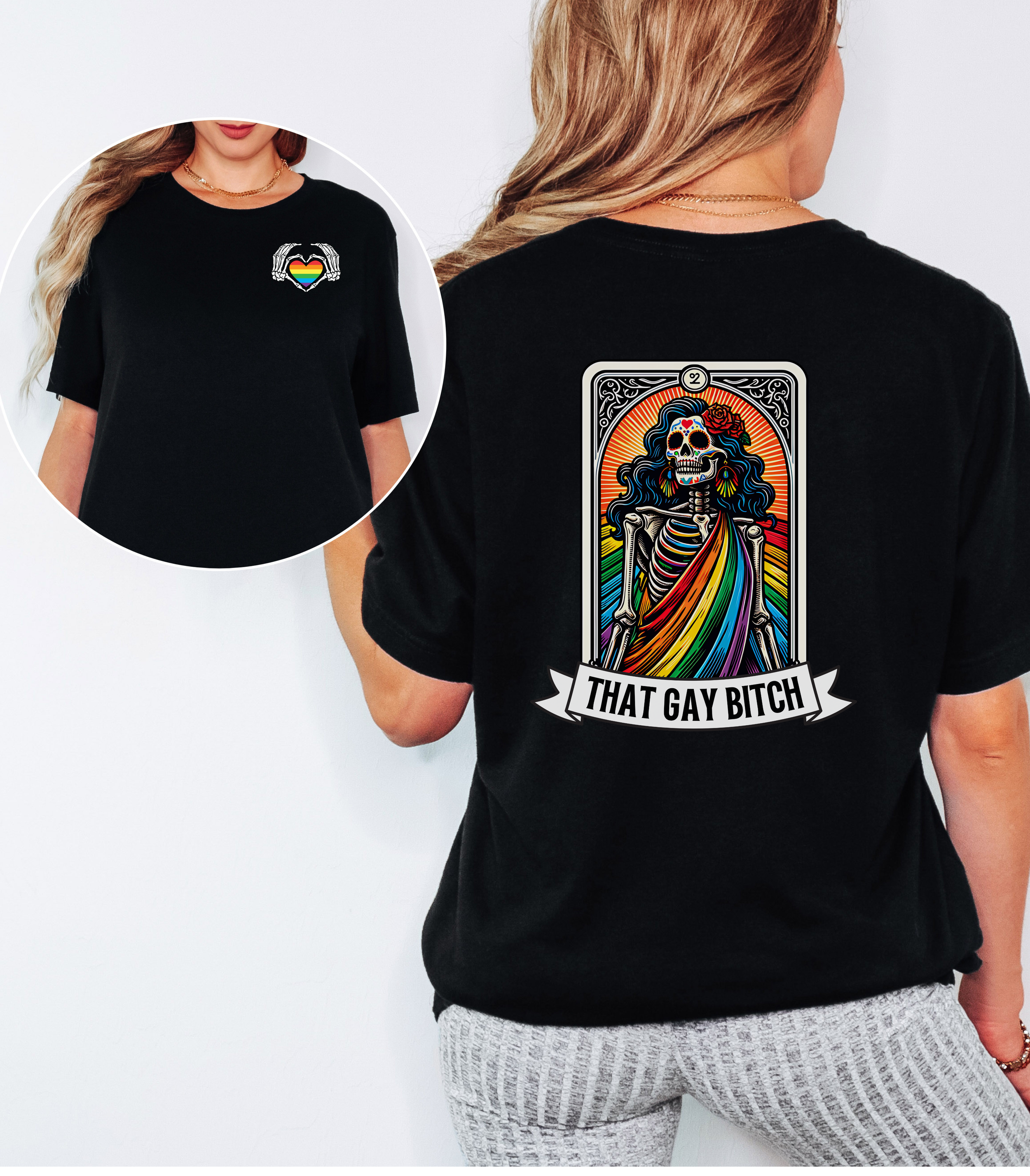 LGBTQ Pride Skeleton Tarot T-Shirt Front & Back Print, Rainbow Pride Shirt, Edgy Gothic Graphic Tee, Pride Apparel, That Gay Bitch Tarot Pride Shirt