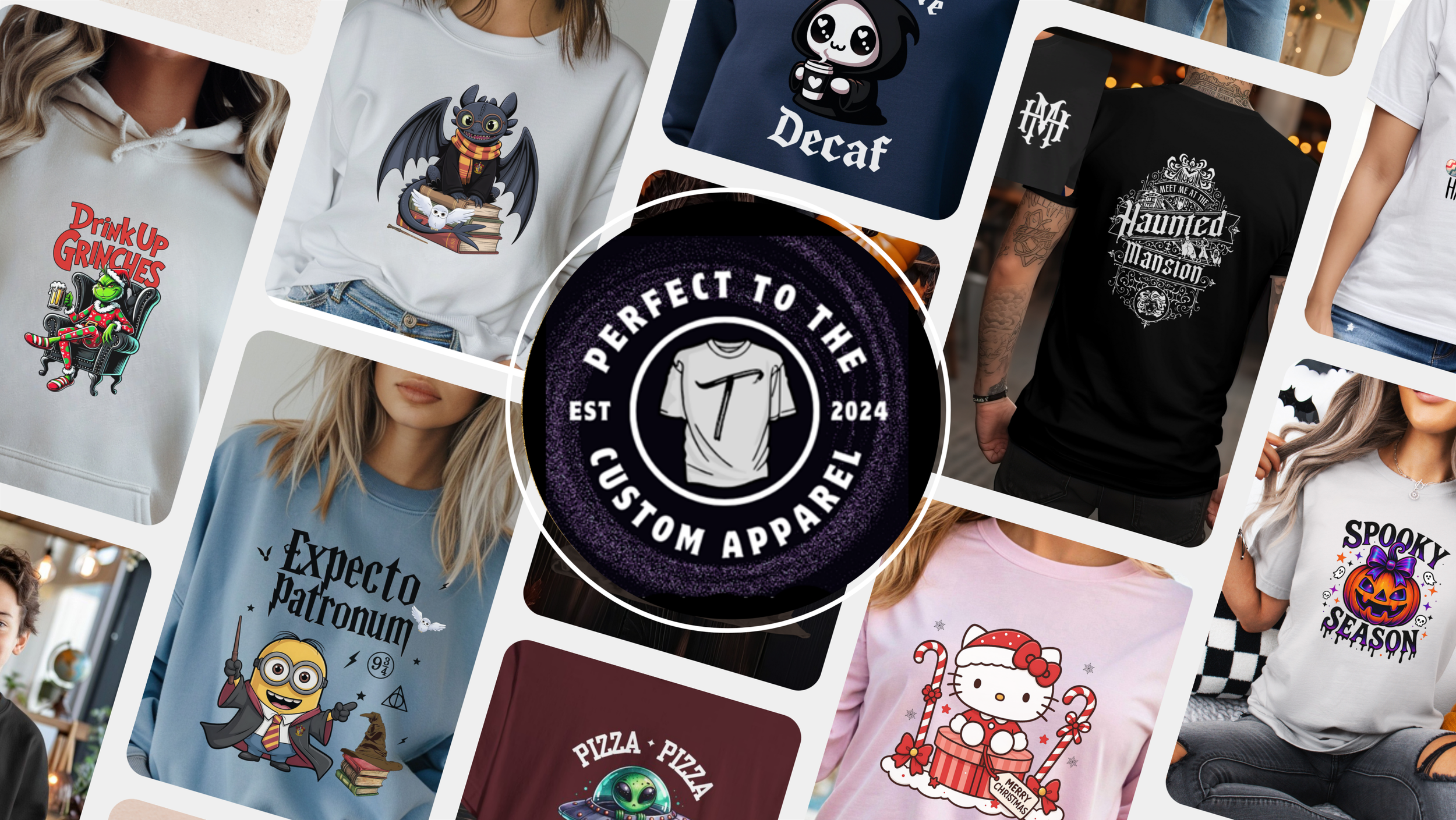 A collage of various graphic T-shirts with holiday, fantasy, Halloween, and pop culture themes, centered around a circular logo for 'Perfect to the' custom apparel established in 2024.