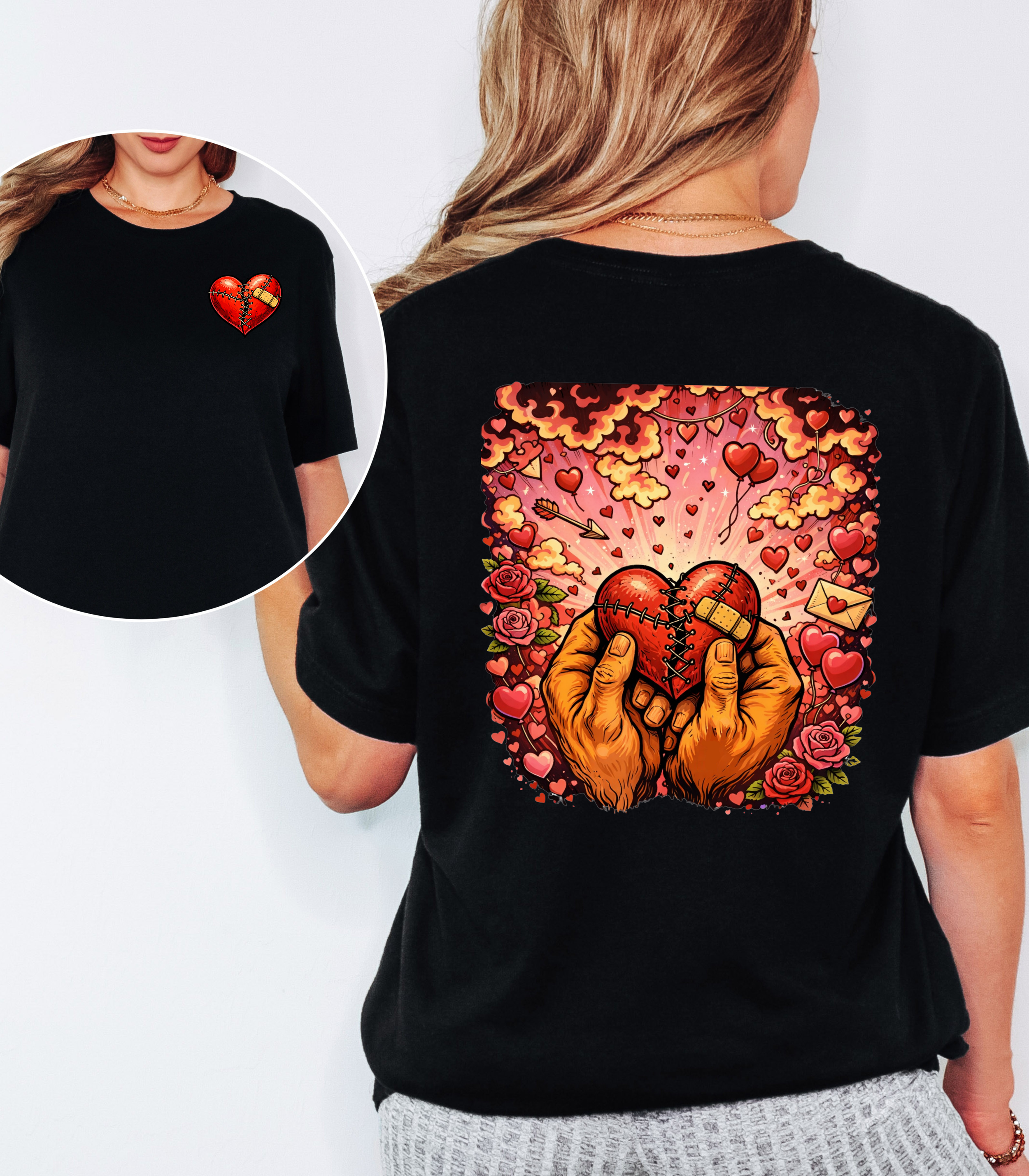 Stitched Heart Valentine Shirt – Healing Love Two-Sided Graphic Tee