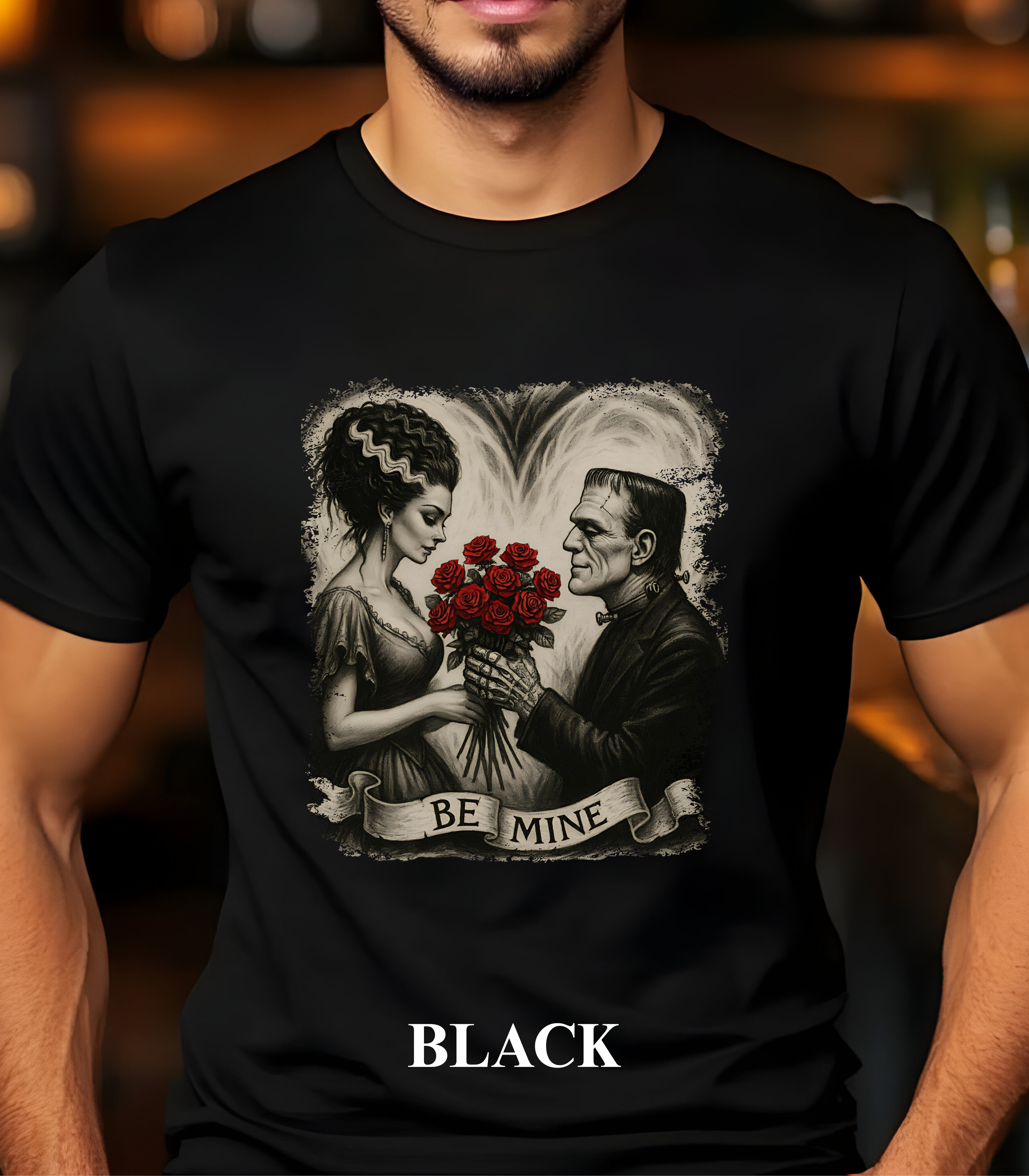 Gothic Valentine’s Day Frankenstein & Bride “Be Mine” Vintage Horror T-Shirt