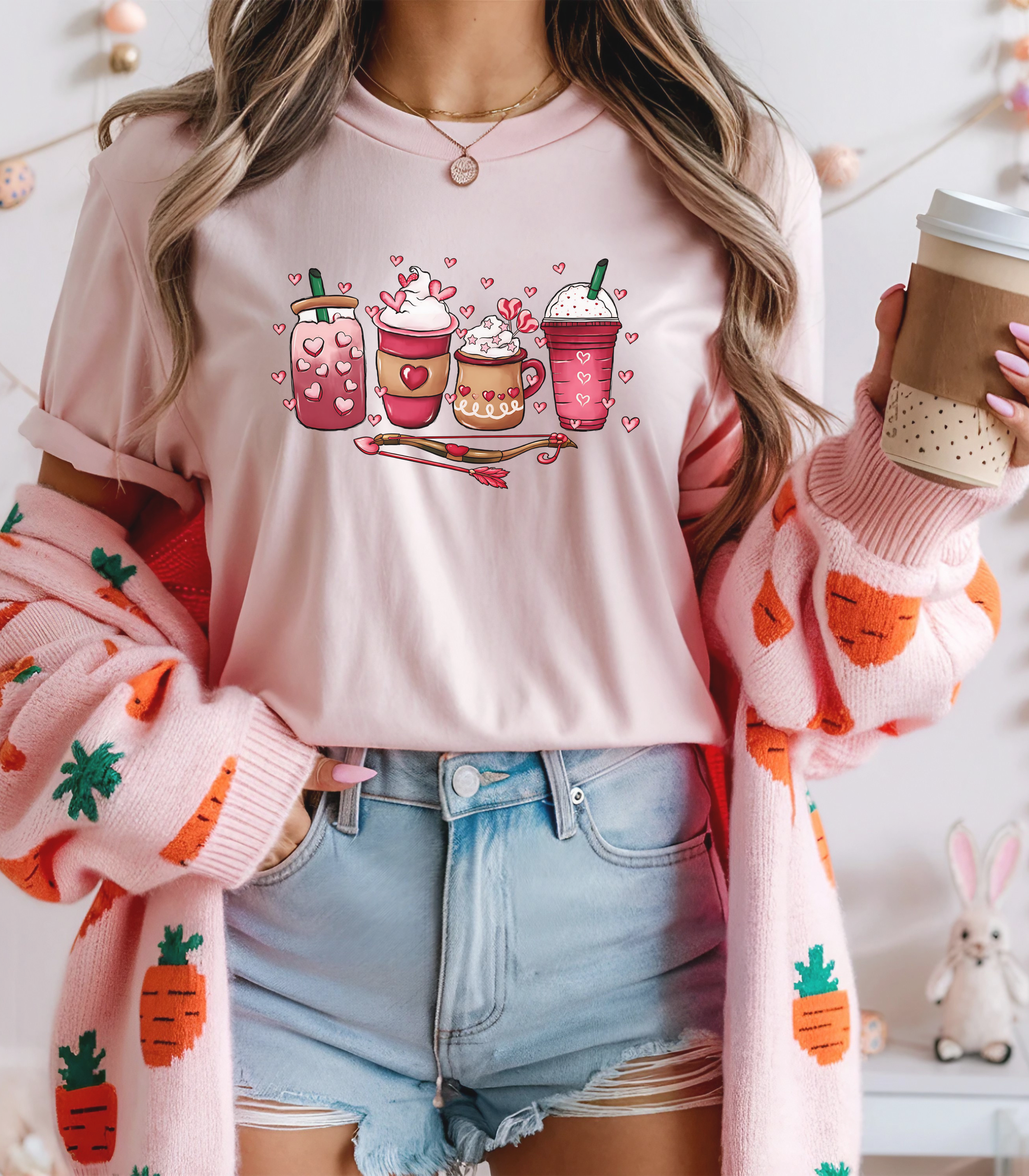Valentine Coffee Shirt – Cute Pink Coffee & Cupid Bow Graphic Tee